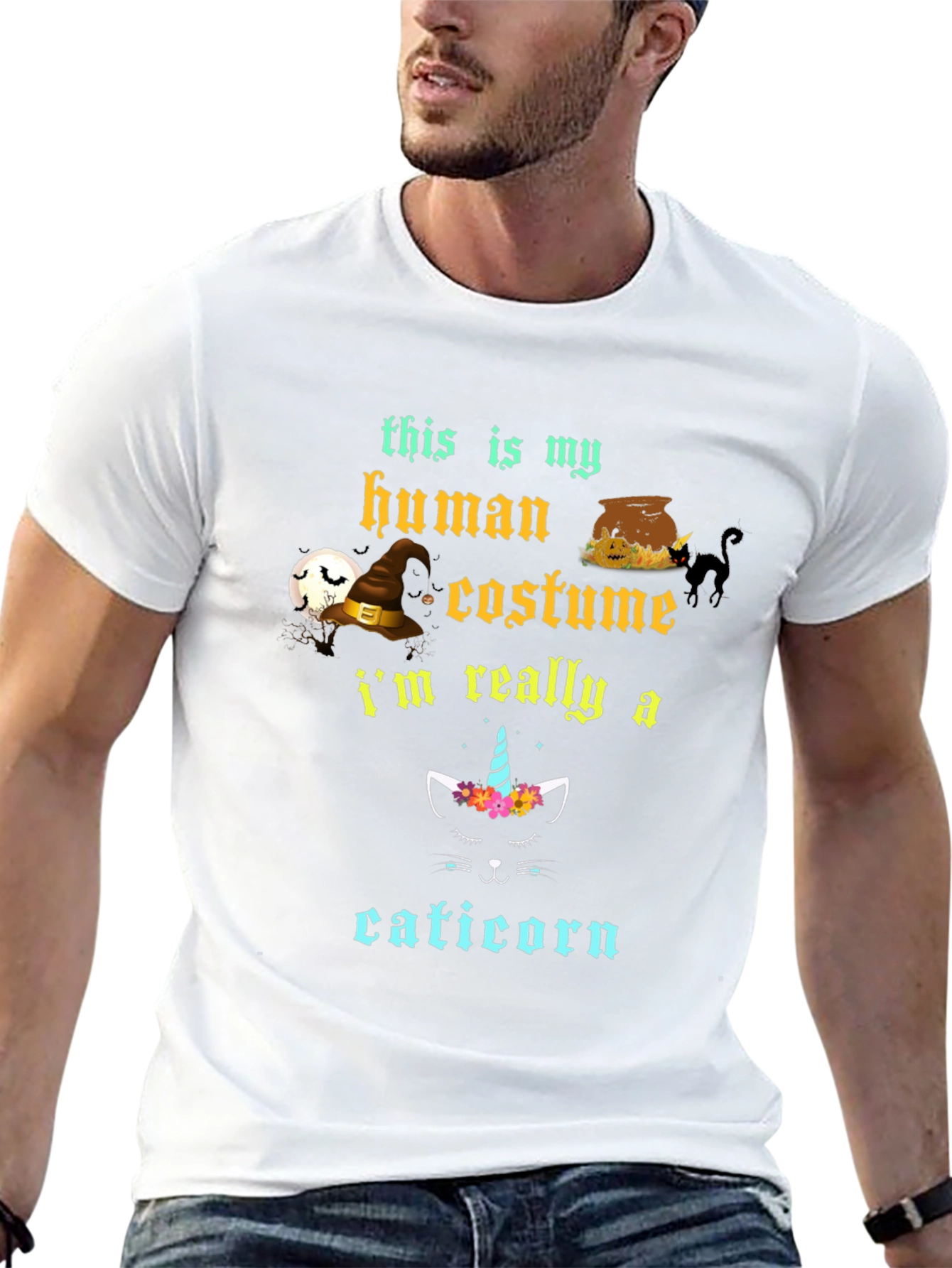 Black Cat Halloween Costume Graphic T-Shirt view 13
