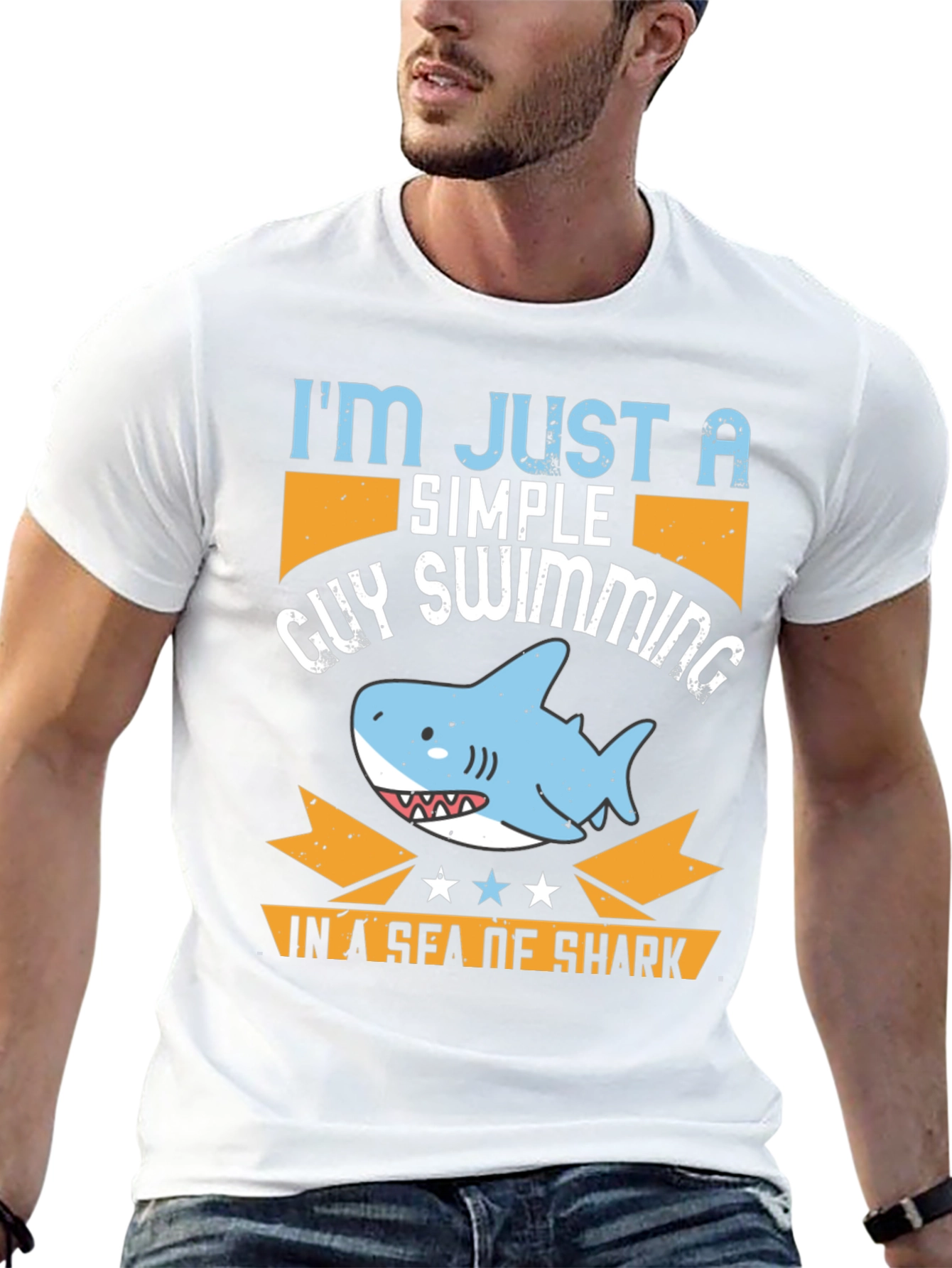 Black Simple Guy Swimming Shark T-Shirt view 13