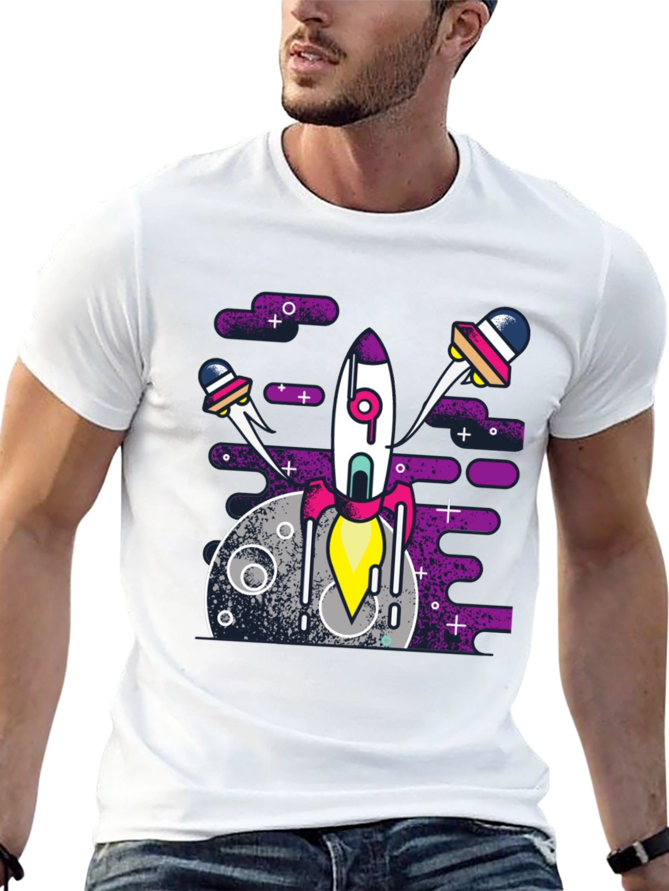 Black Space Rocket Graphic Tee - Black Cotton Blend Shirt view 13