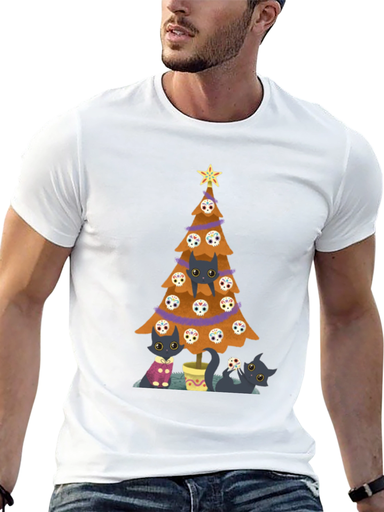 Black Cat Christmas Tree Black T-Shirt view 13