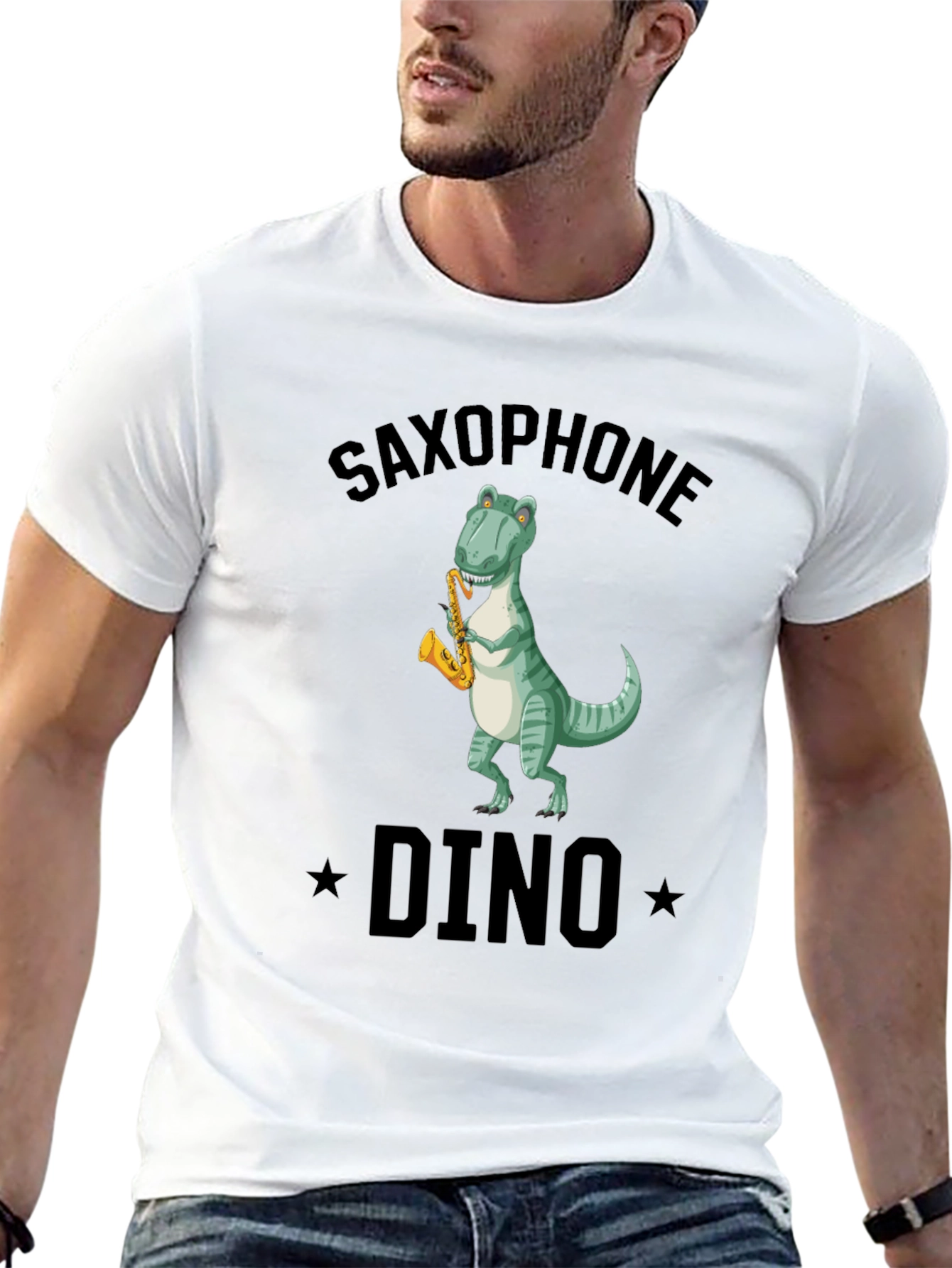 Black Saxophone Dino T-Shirt - Black Cotton Tee view 13