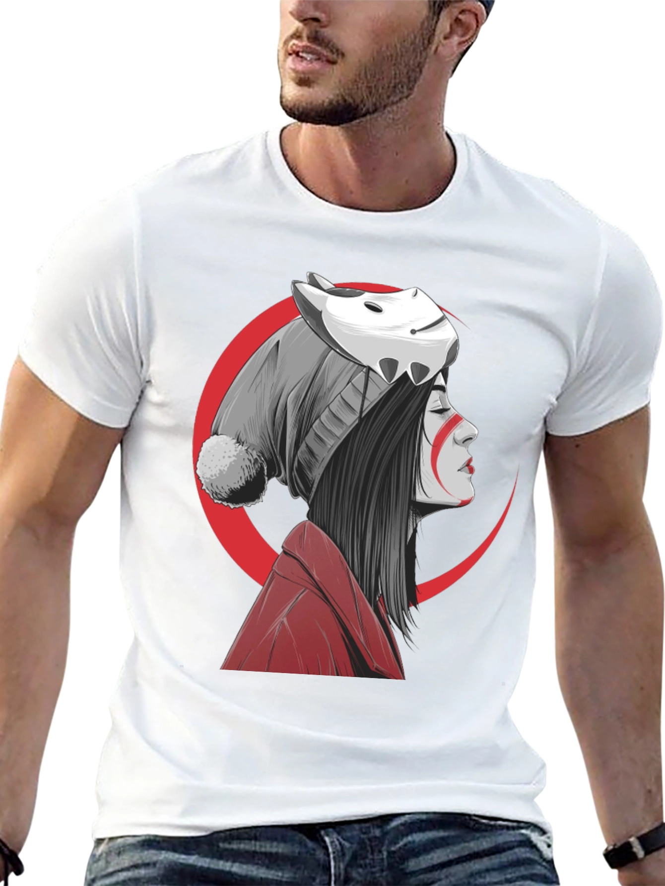 Black Anime Girl Mask Graphic Tee - Soft Cotton Blend Shirt view 13