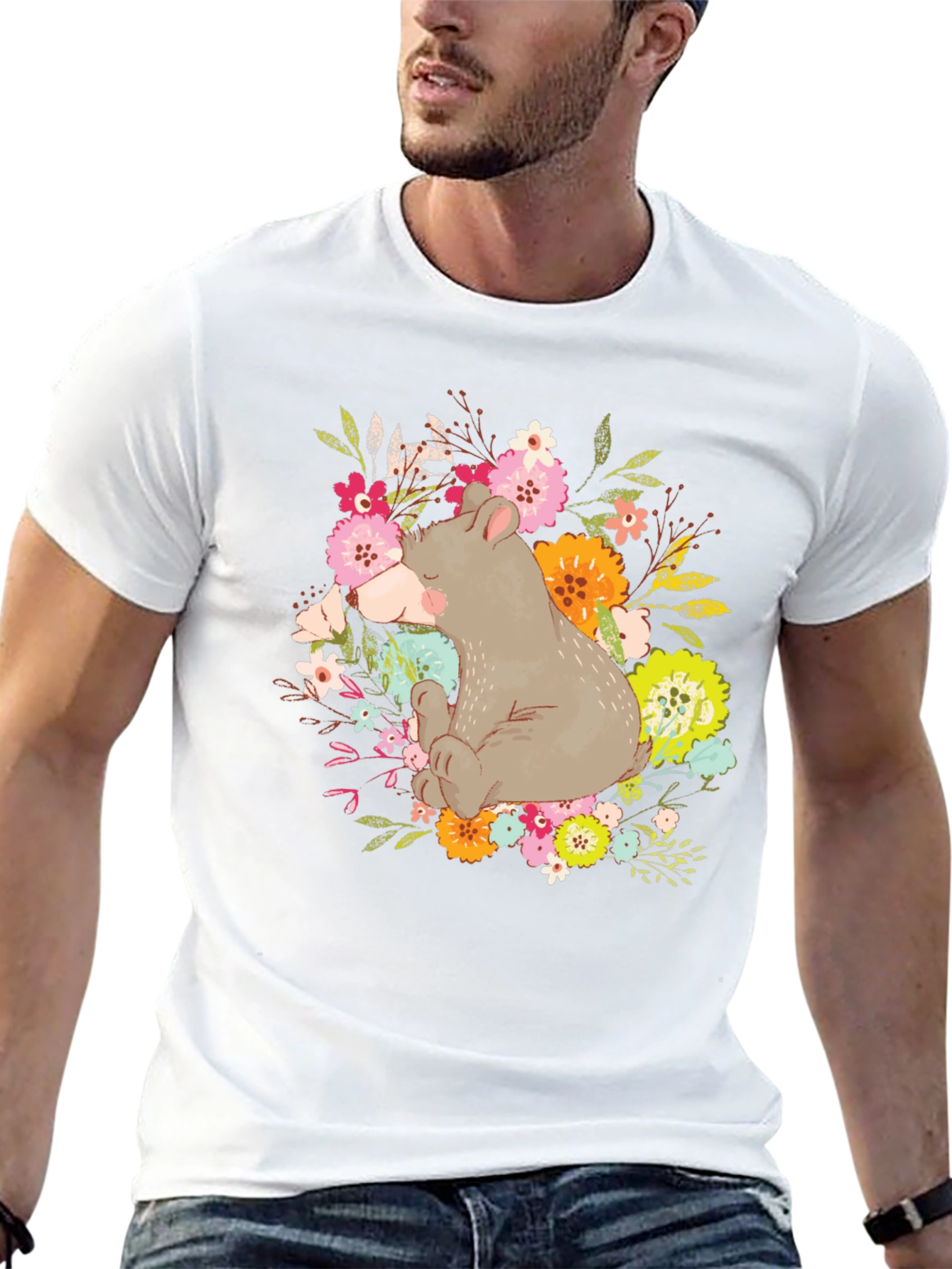 Black Cute Bear Floral T-Shirt - Unisex Graphic Tee view 13