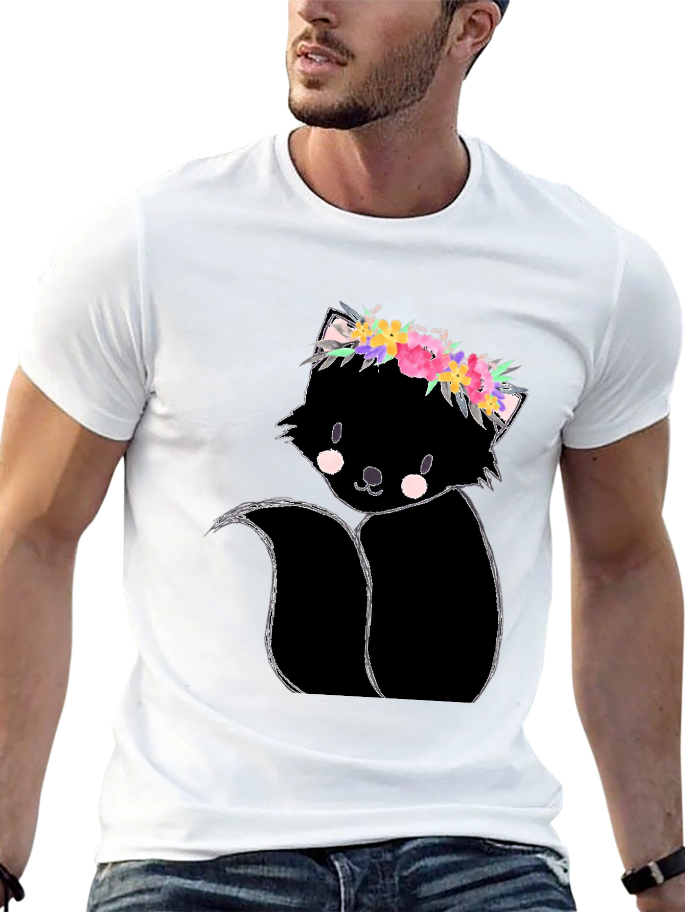 Black Floral Skunk Graphic Tee - Unisex Black T-Shirt view 13