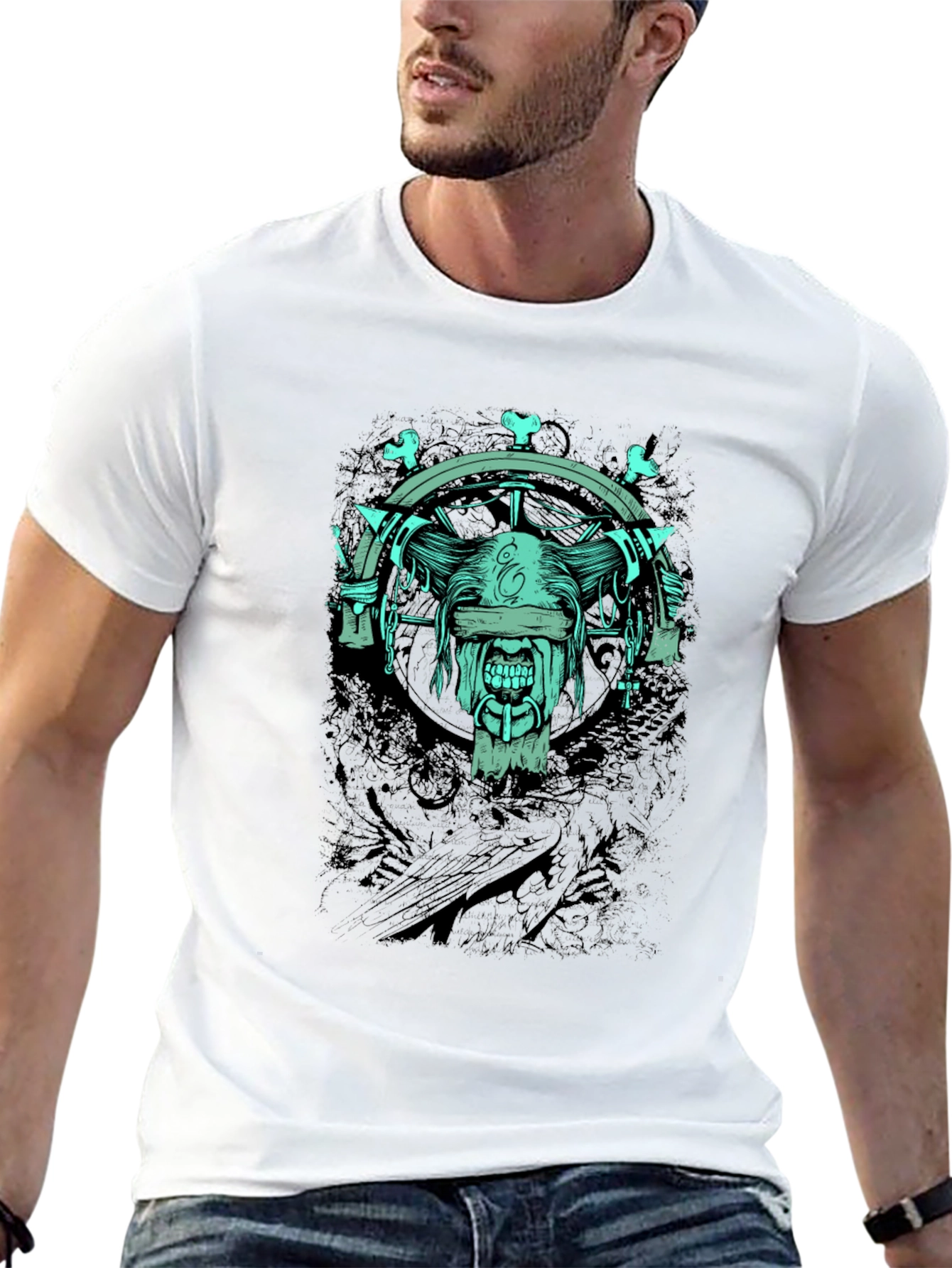 Black Men's Black Graphic T-Shirt - Mystic Blinded Skull Design view 13