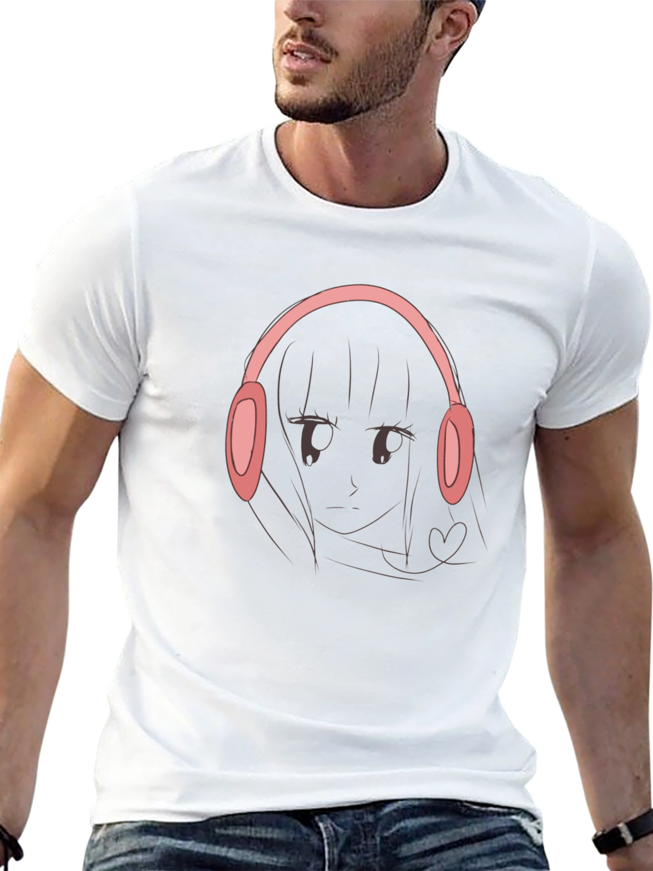 Black Anime Girl Headphones Graphic Black T-Shirt view 13