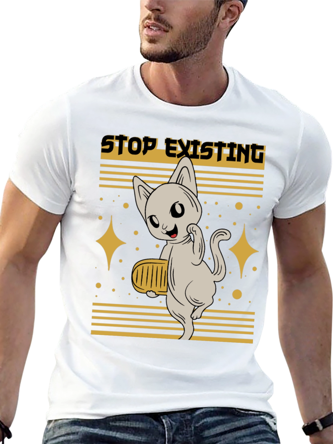 Black Stop Existing Cat Graphic Tee - Men's Black T-Shirt view 13