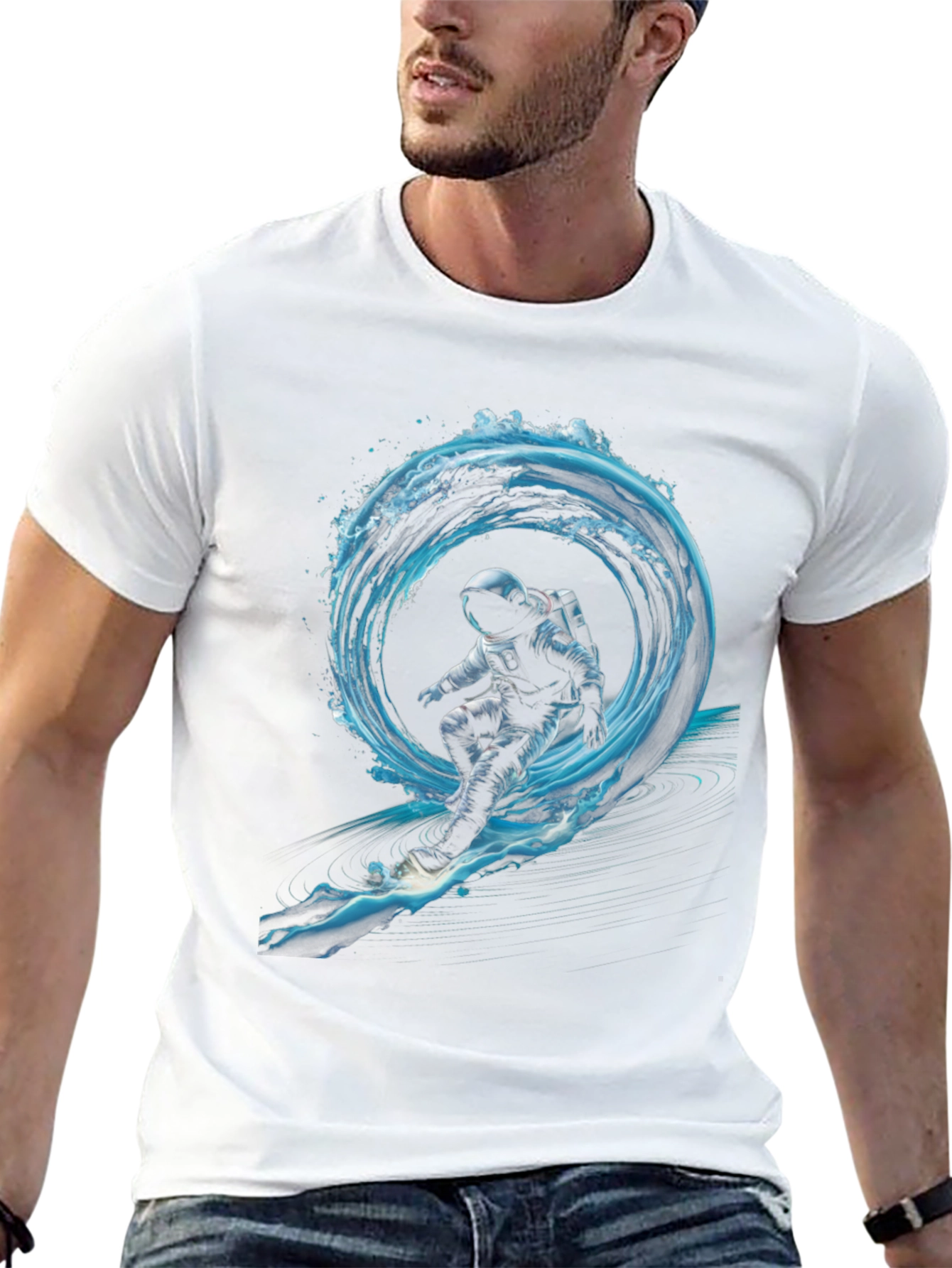 Black Astronaut Surfing Waves Black T-Shirt view 13