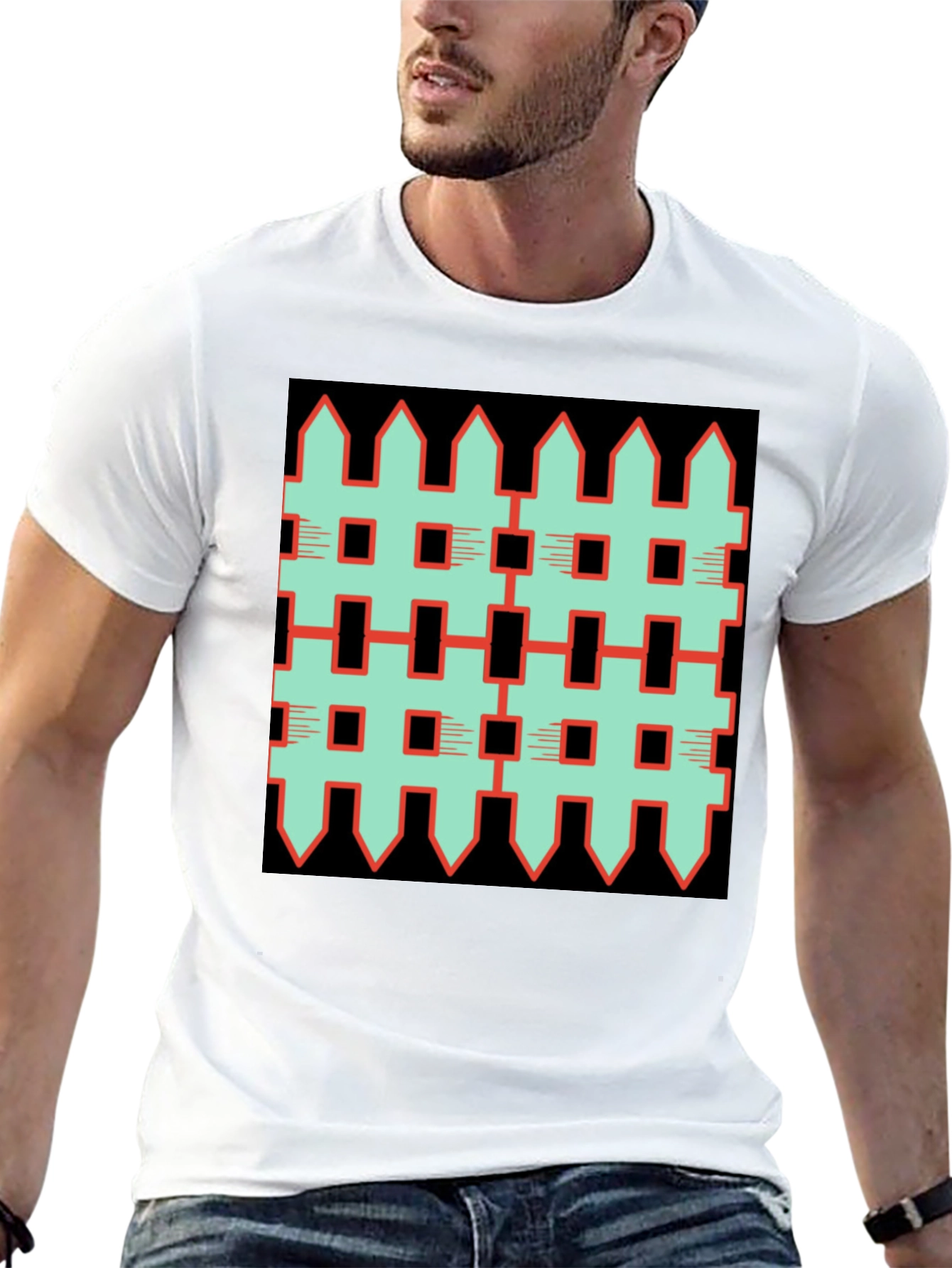 Black Unique Fence Pattern Graphic Tee - Black view 13