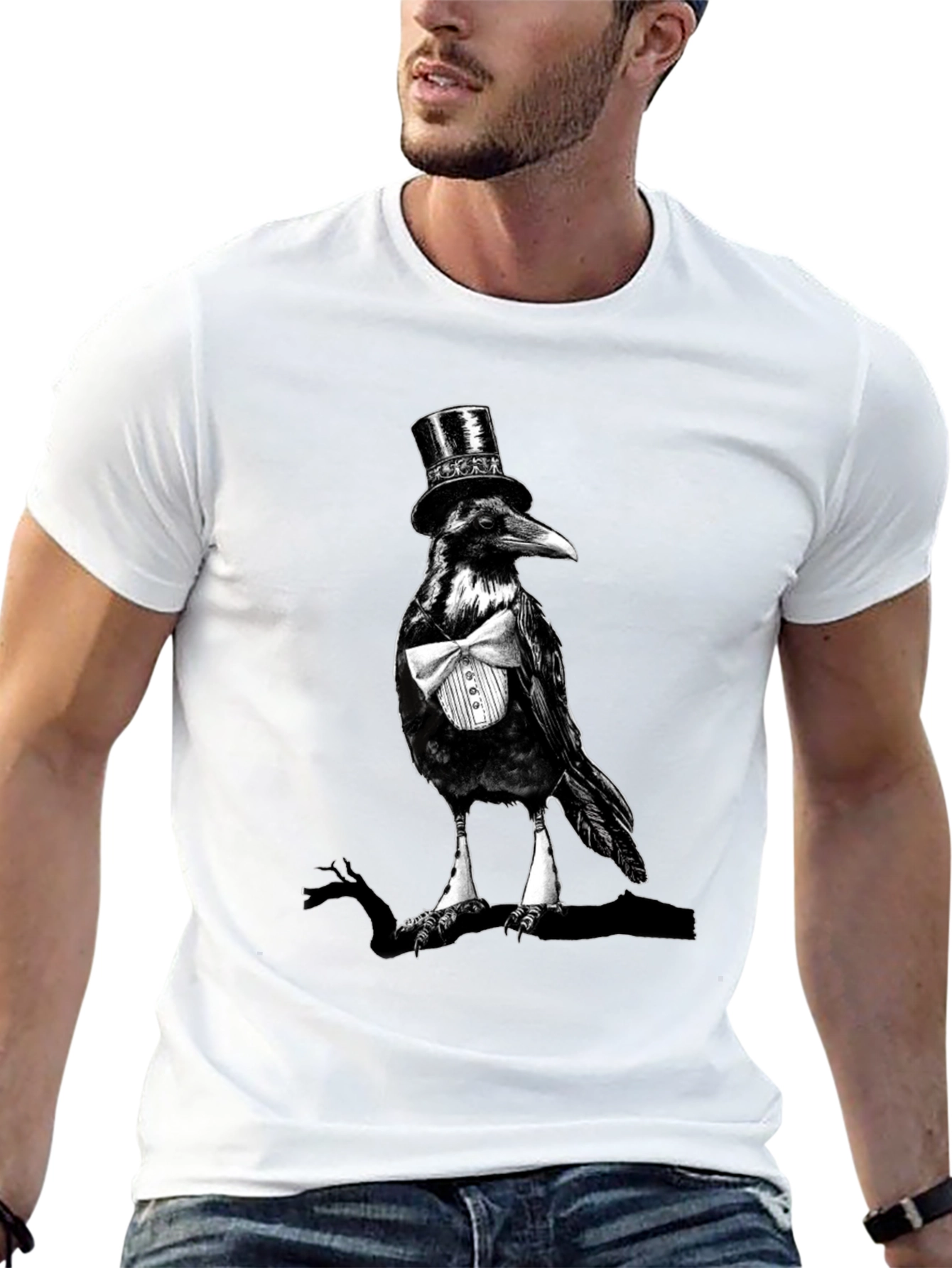 Black Raven Top Hat Bowtie T-Shirt, Mens Black Tee view 13