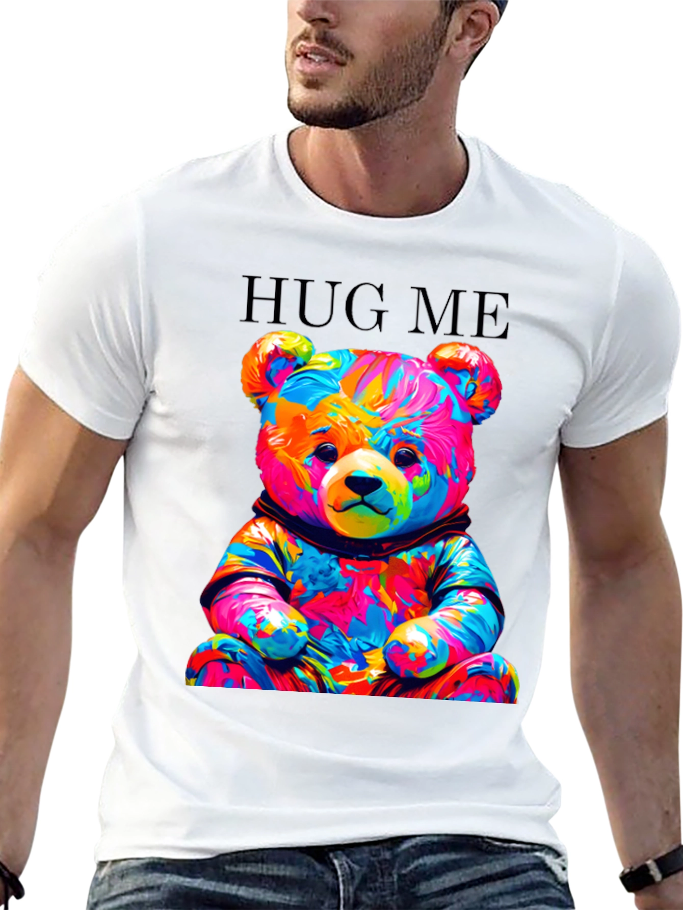 Black Colorful Teddy Bear Hug Me Graphic T-Shirt view 13