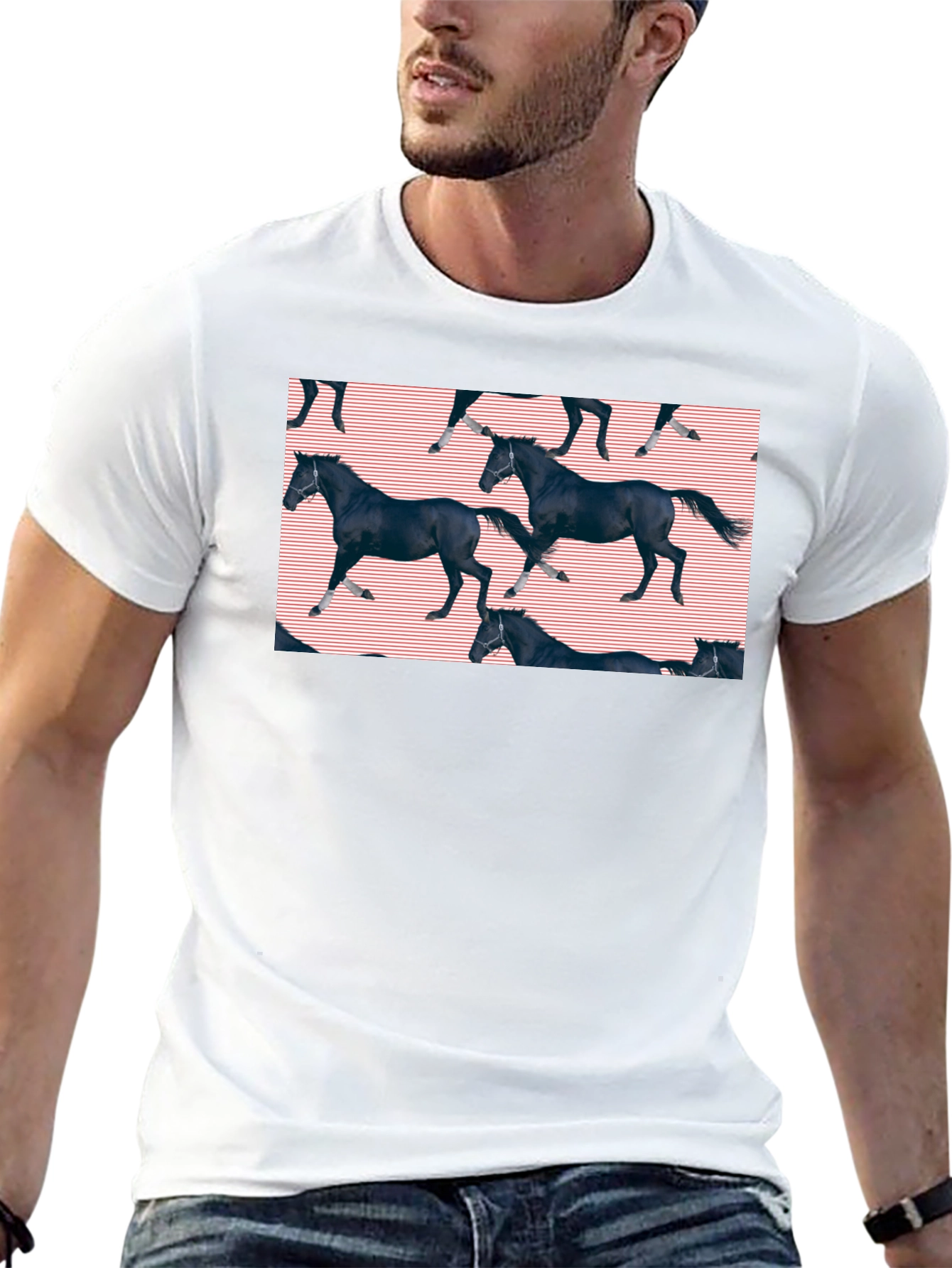 Black Black Horse Pattern T-Shirt view 13