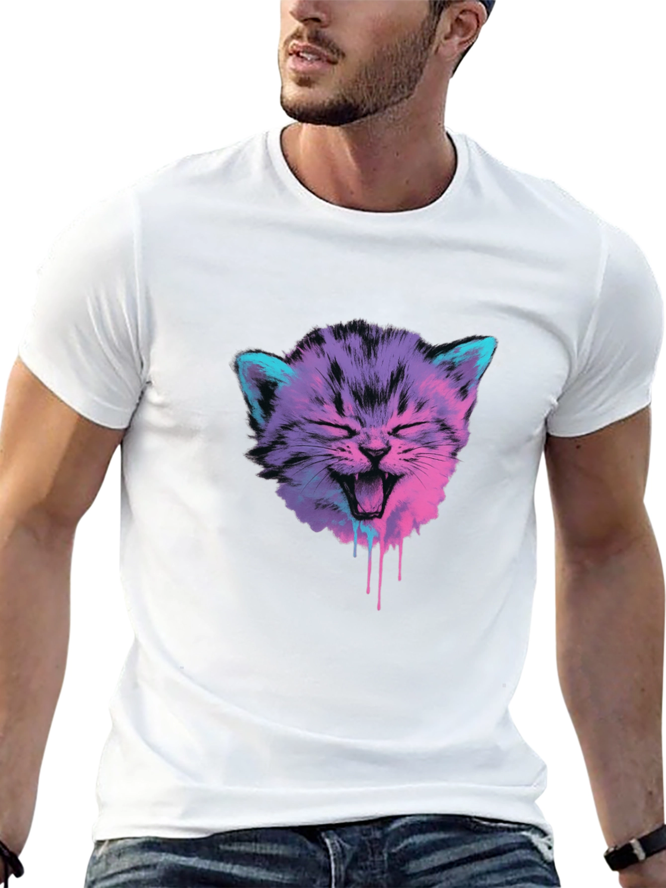 Black Vaporwave Cat Graphic Tee - Black Cotton Blend view 13