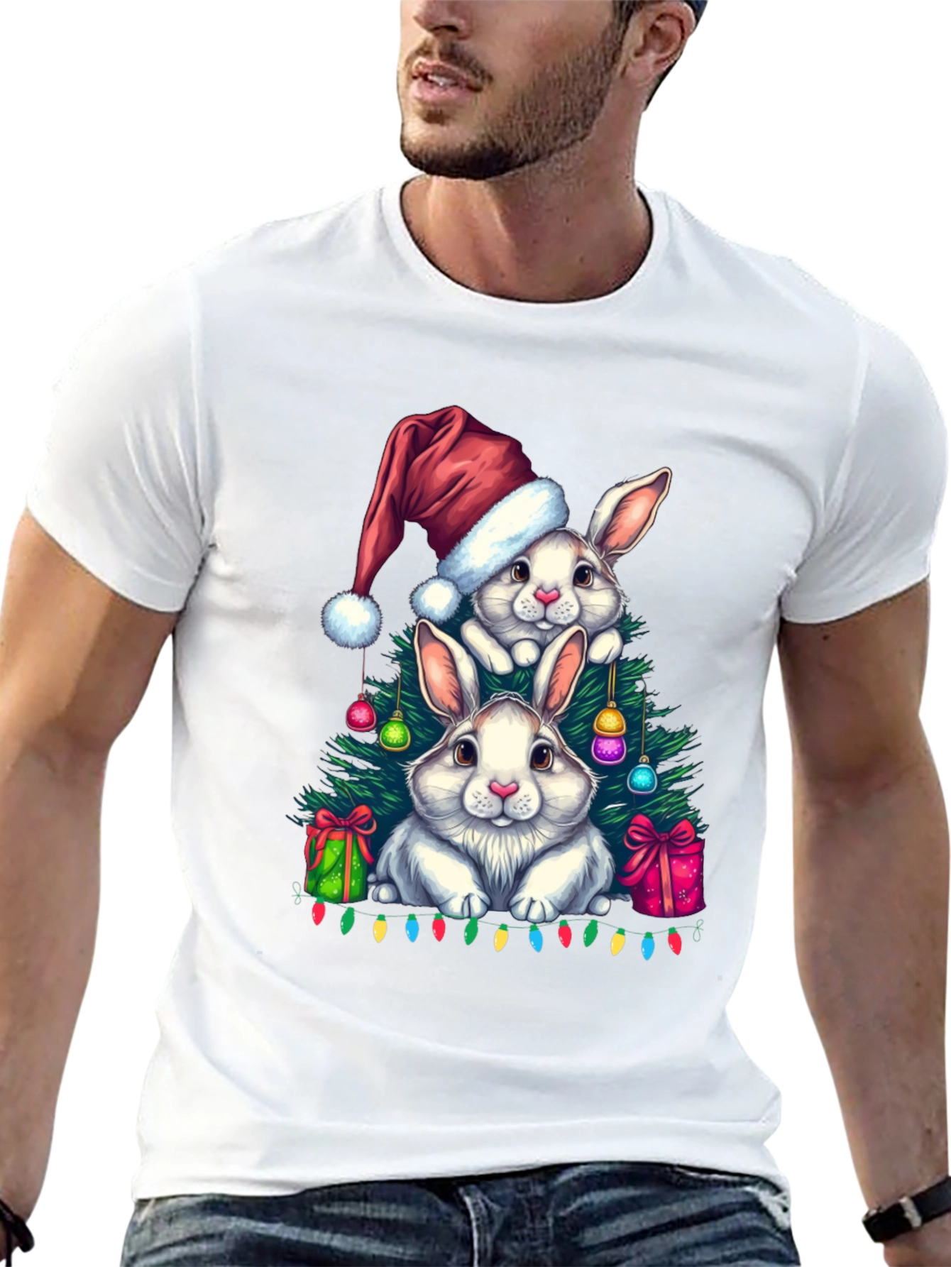 Black Christmas Bunny T-Shirt: Festive Holiday Rabbit Design view 13
