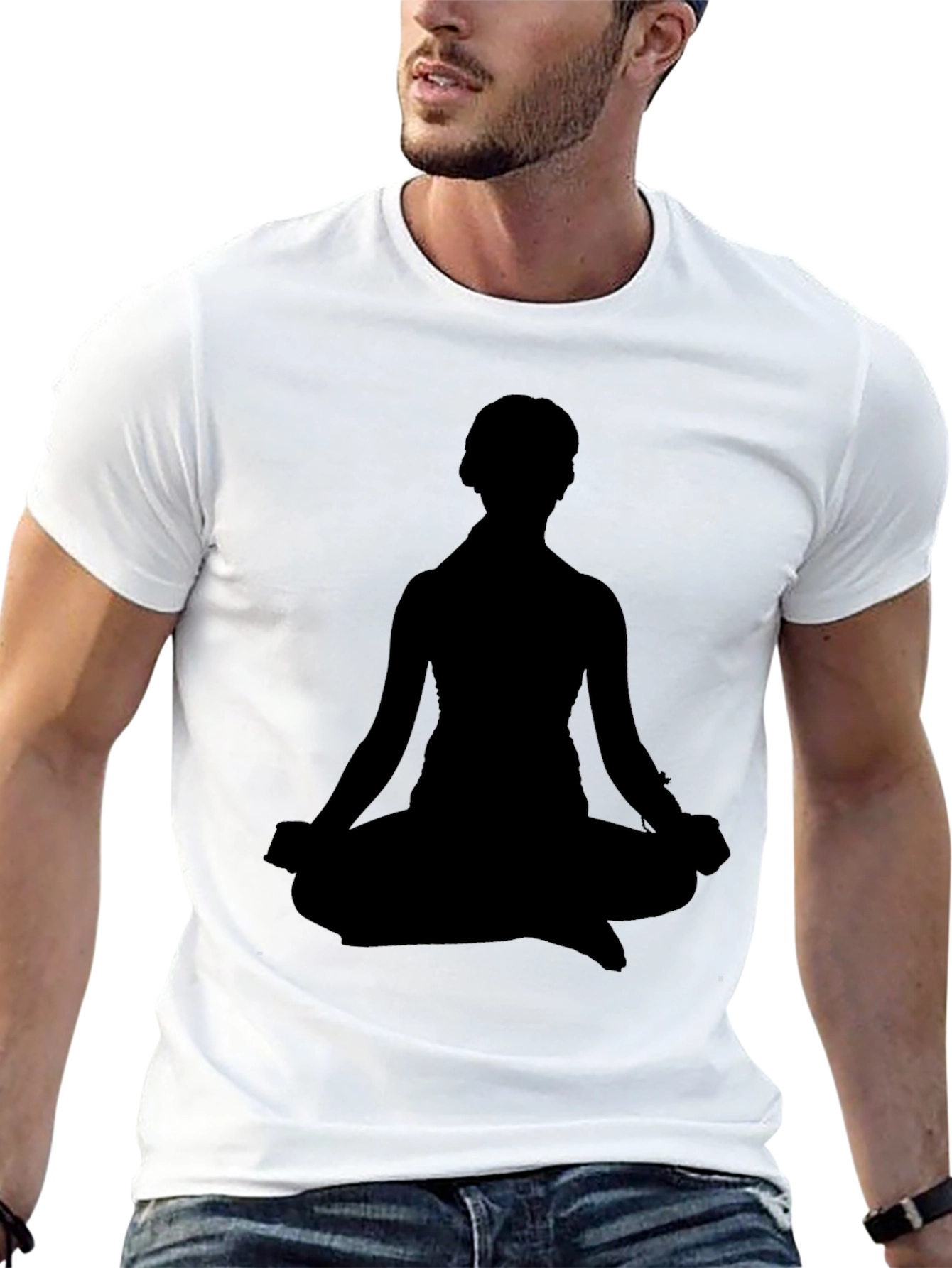 Black Men's Black T-Shirt - Meditating Silhouette Design view 13