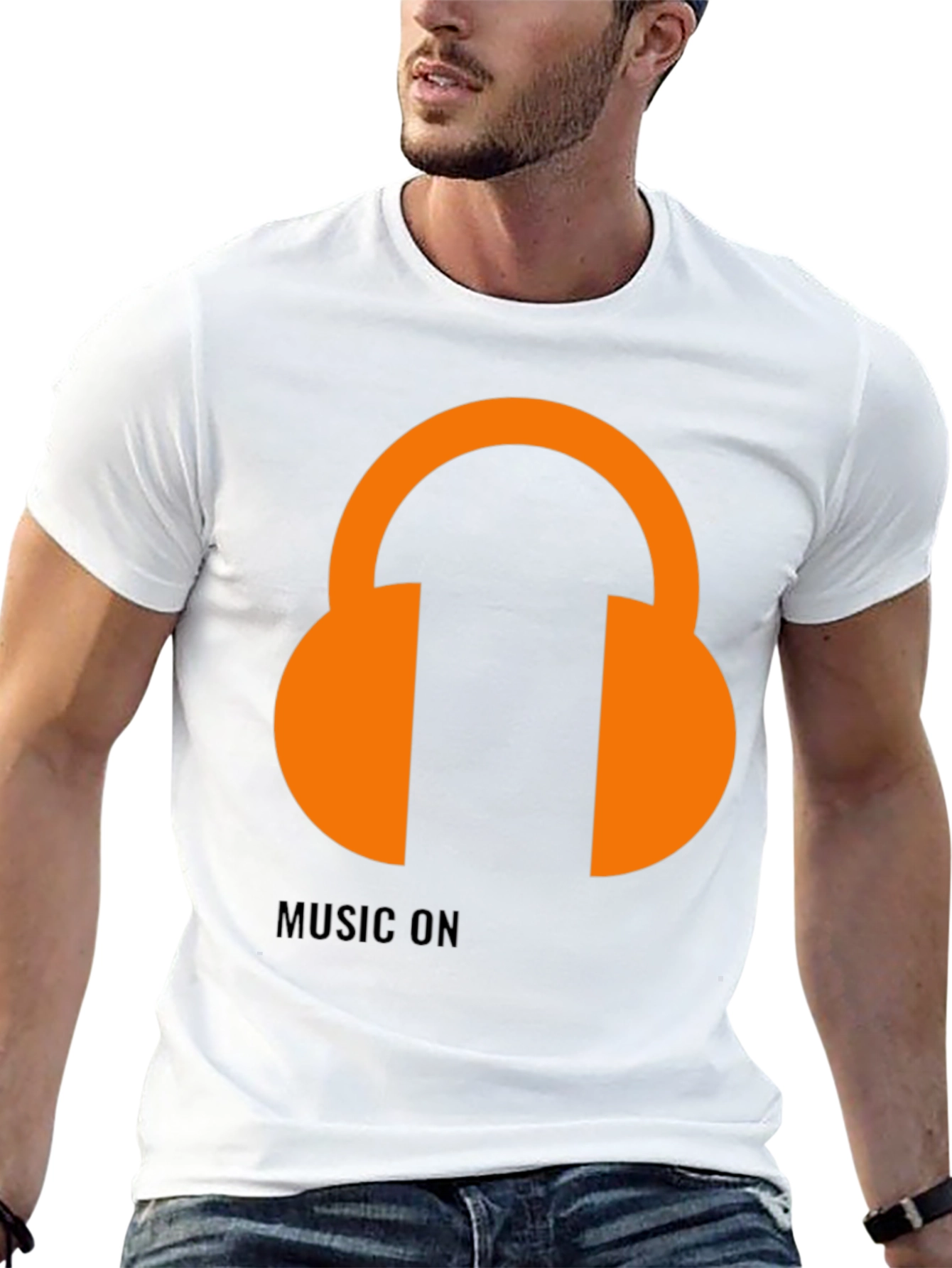 Black Music On T-Shirt: Orange Headphones Graphic Tee view 13