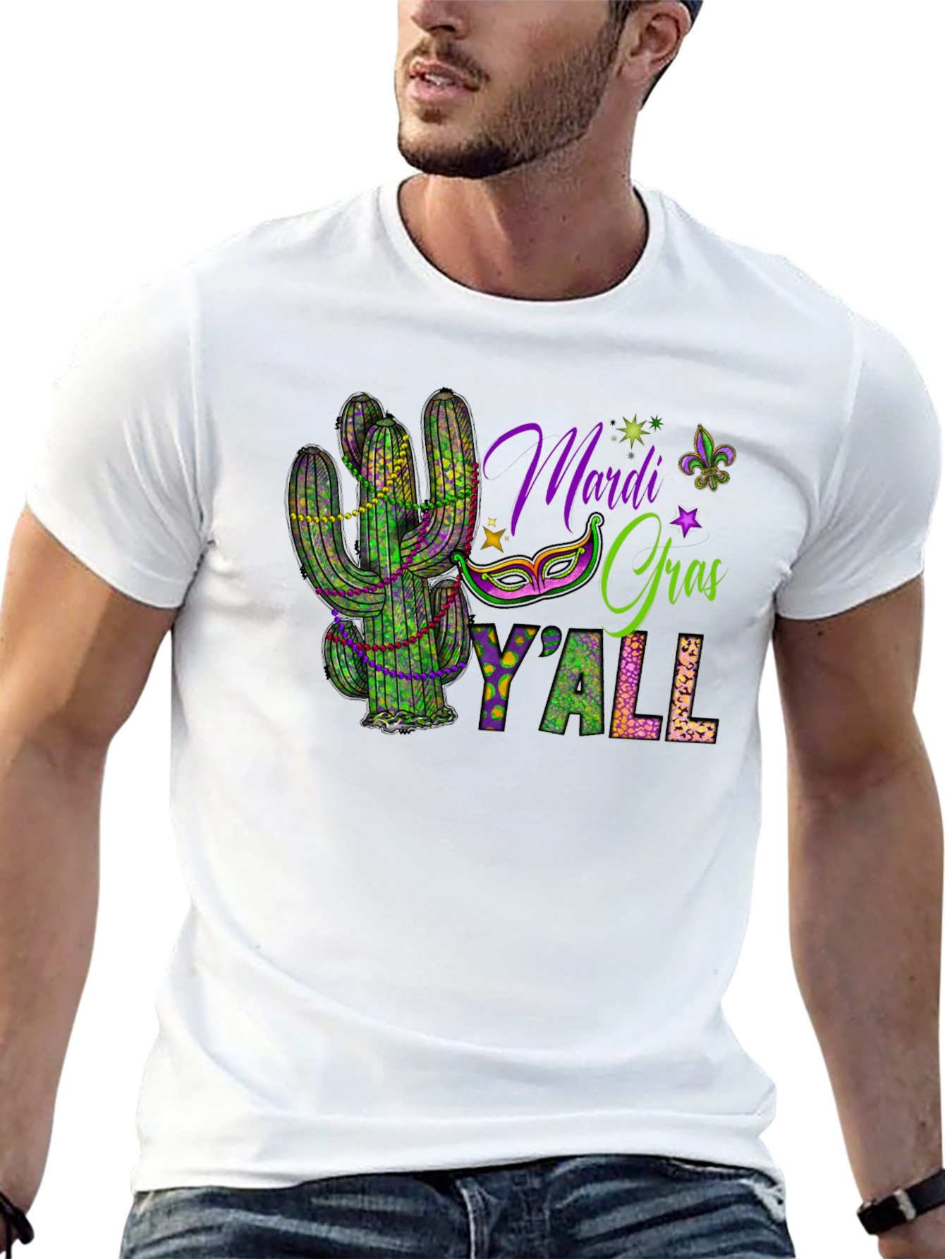 Black Mardi Gras Y'all Cactus T-Shirt view 13