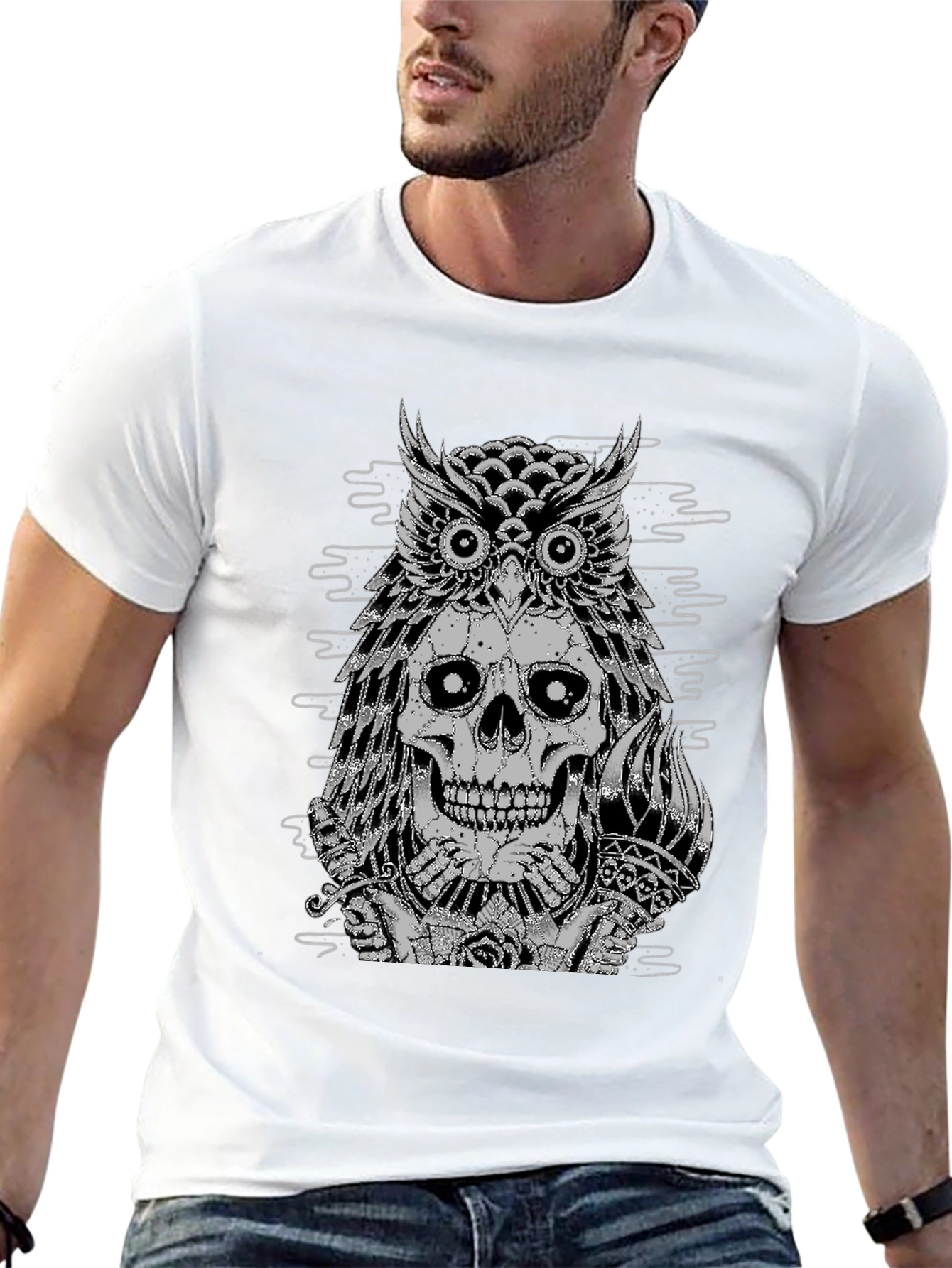 Black Owl Skull Graphic Tee - Black Cotton T-Shirt view 13
