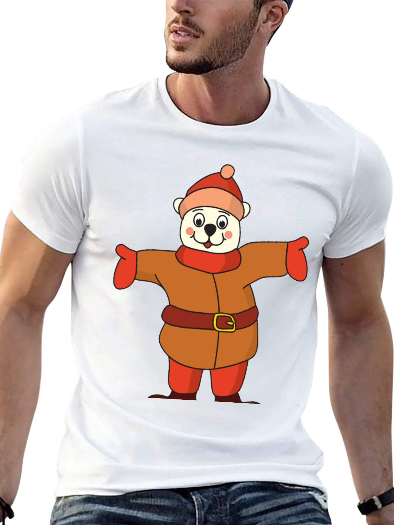 Black Cartoon Bear in Winter Outfit T-Shirt view 13