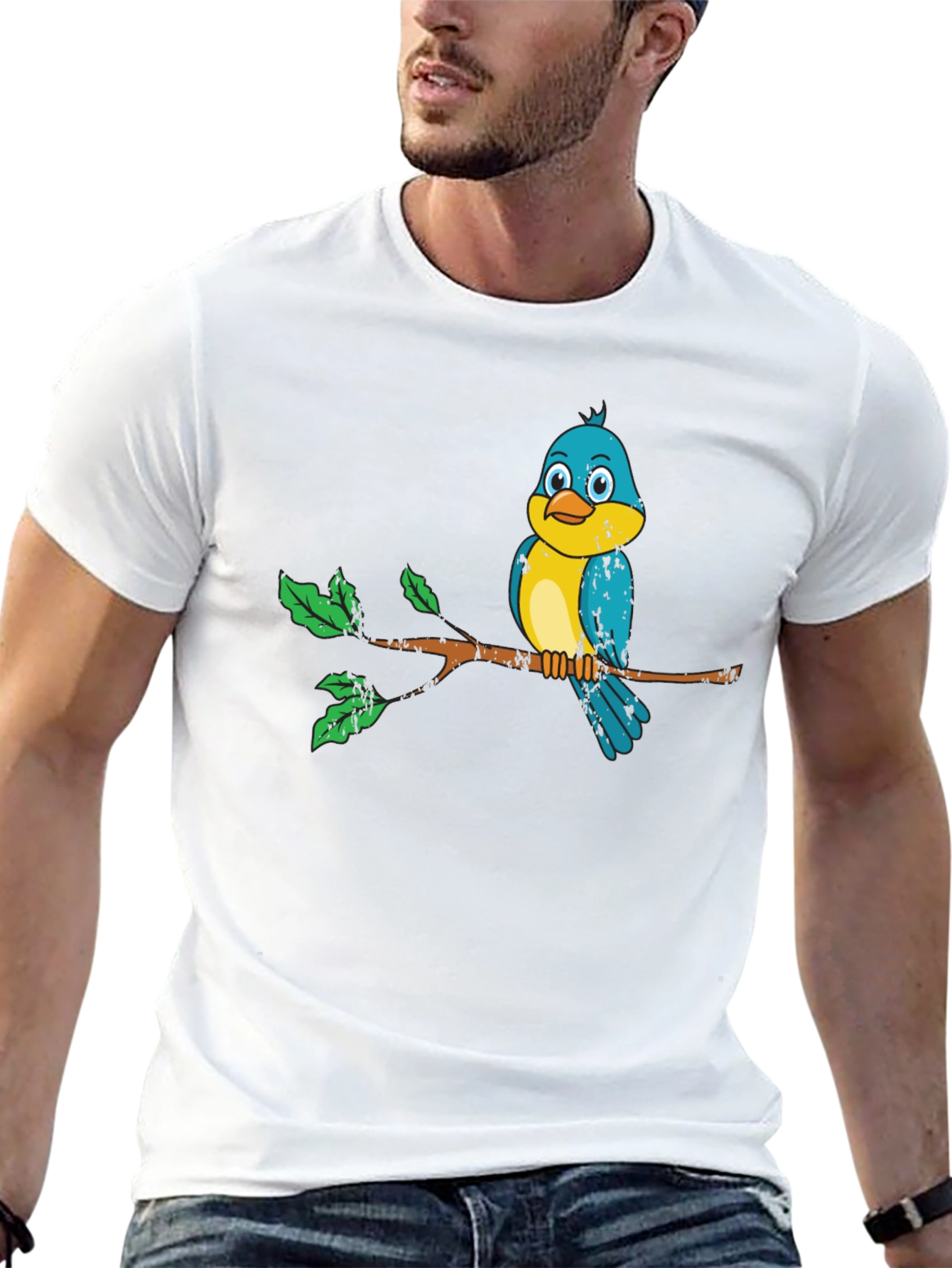 Black Cute Bird on Branch Graphic Tee - Unisex Black T-Shirt view 13