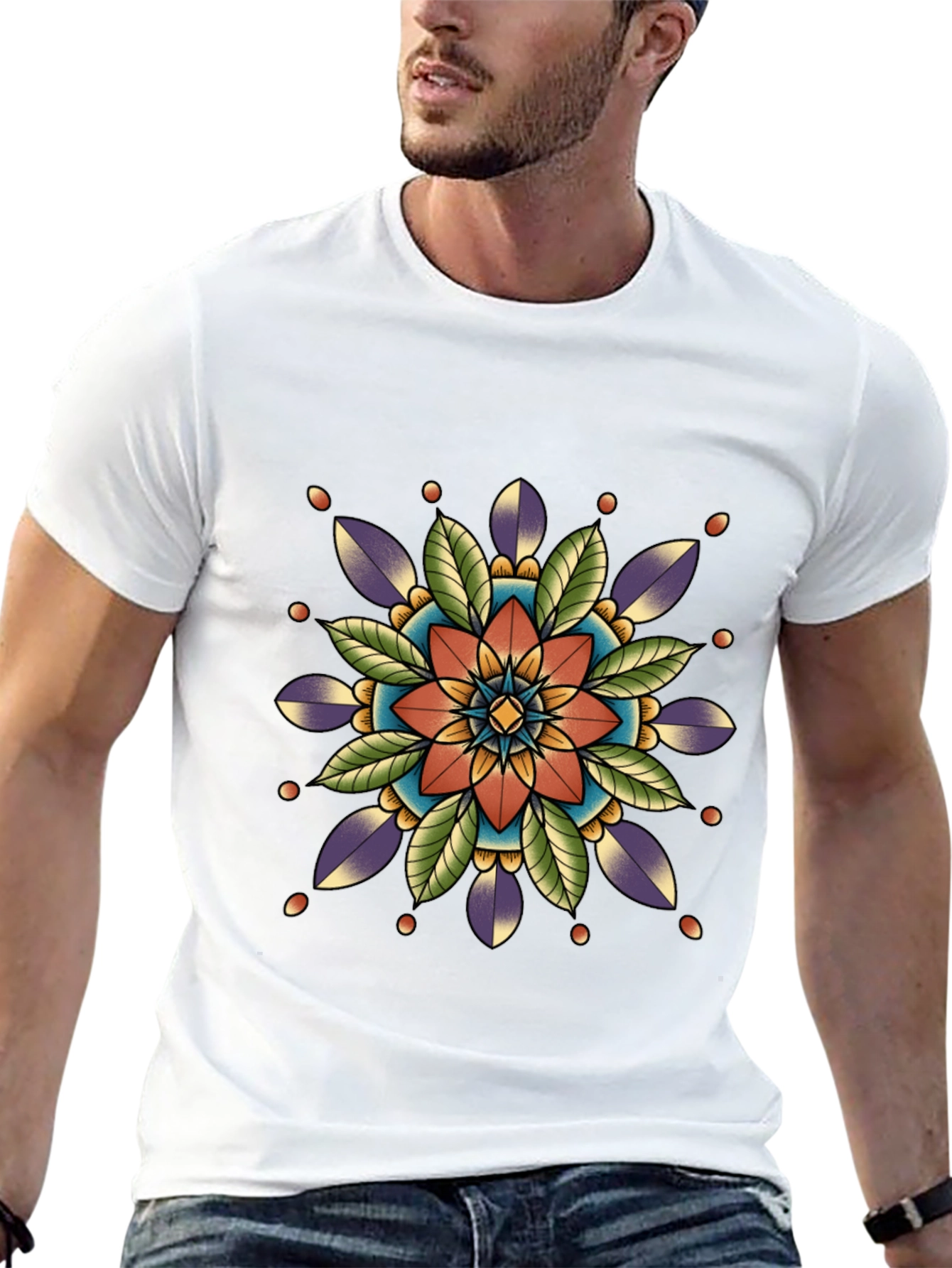 Black Geometric Mandala Print Black T-Shirt view 13