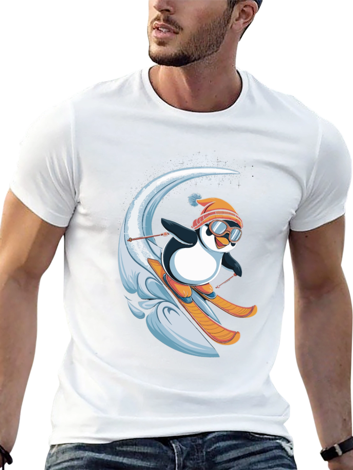 Black Skiing Penguin Graphic T-Shirt - Fun Winter Apparel view 13