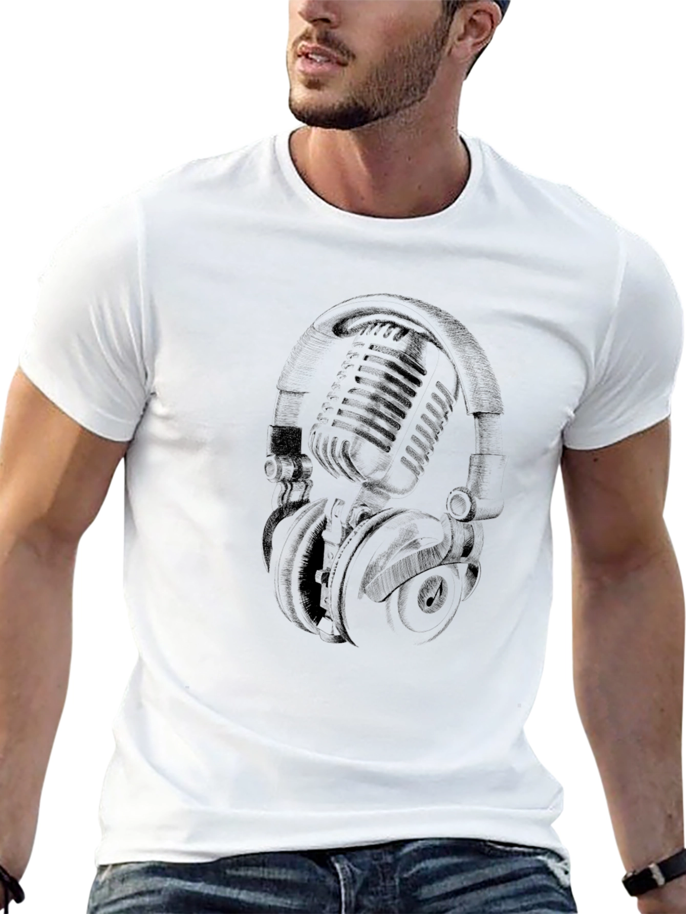 Black Retro Microphone & Headphones Graphic T-Shirt - Black view 13