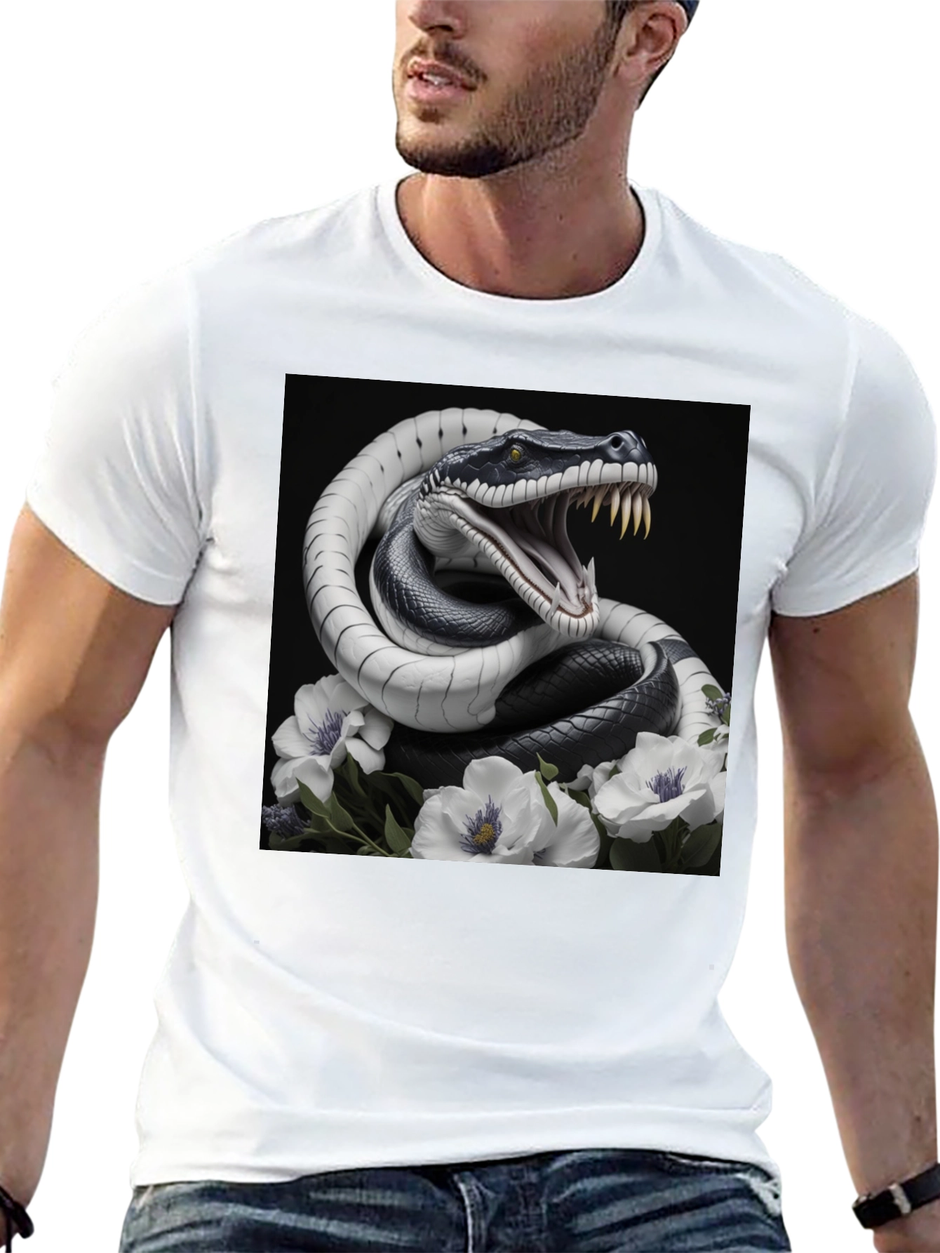 Black Snake & Floral Graphic Tee - Men's Black T-Shirt view 13