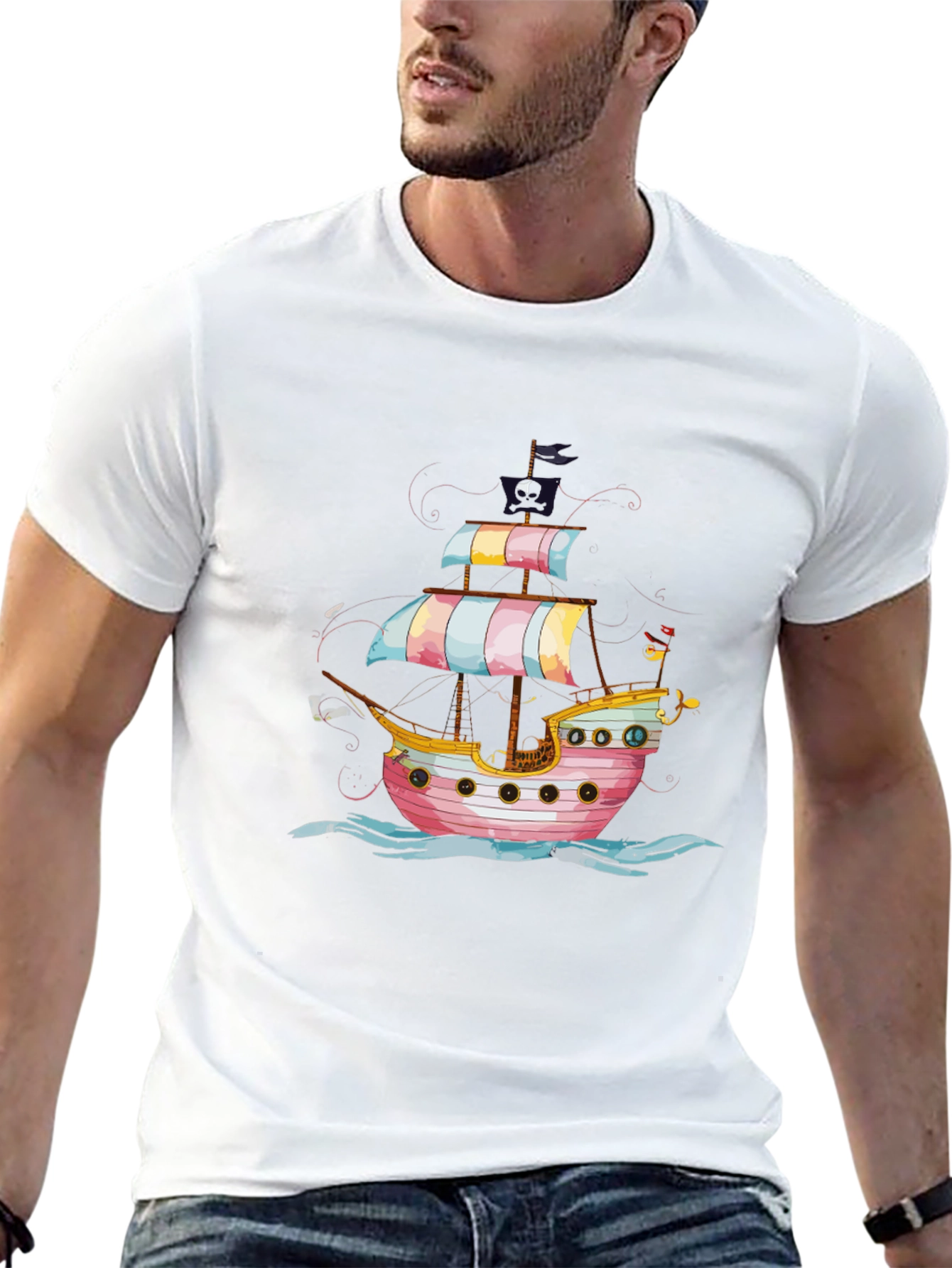 Black Pirate Ship Graphic Tee - Black Cotton T-Shirt view 13