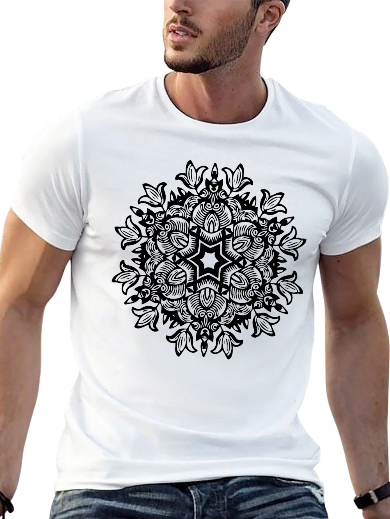 Black Men's Black Mandala Print Crew Neck T-Shirt view 13