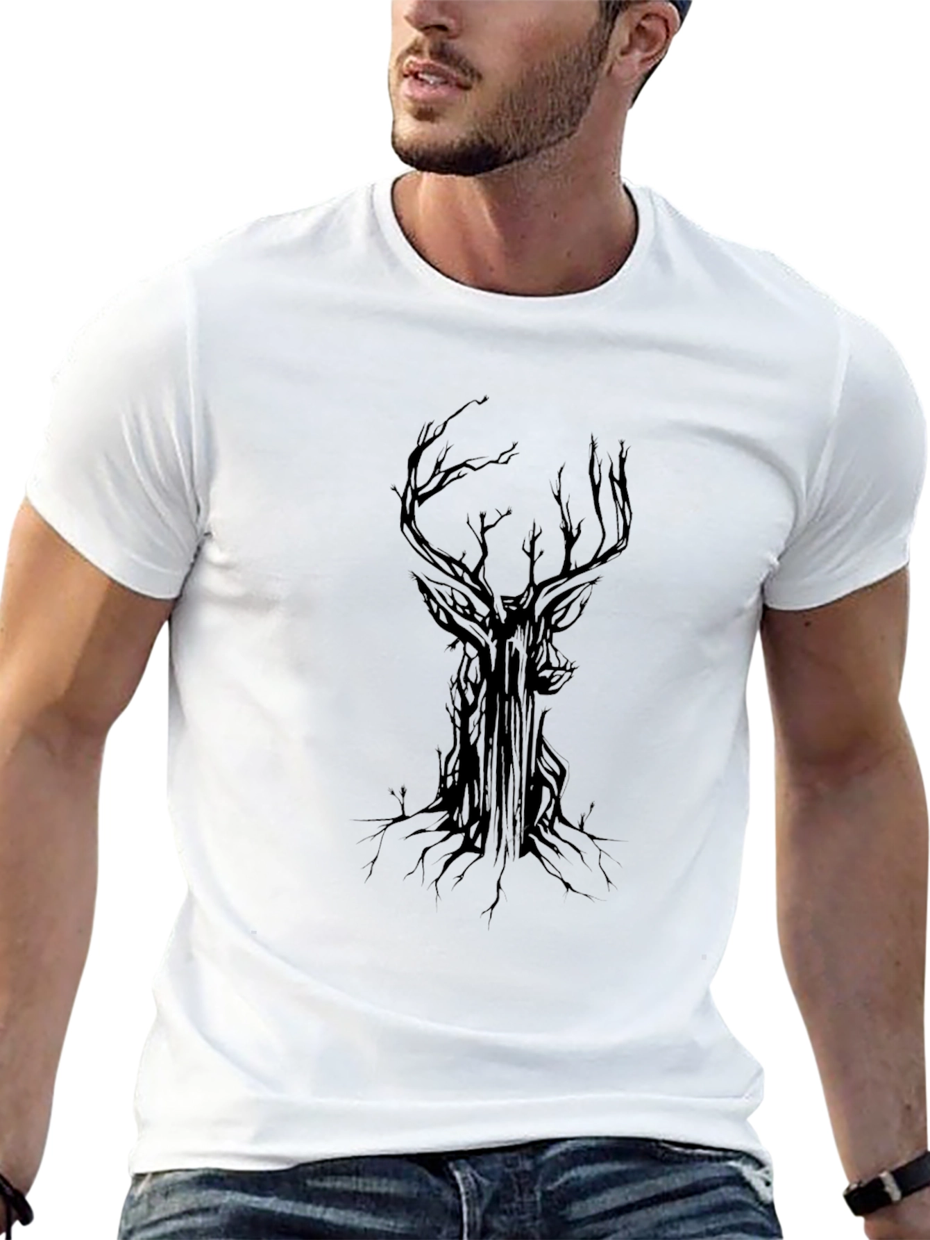 Black Men's Black T-Shirt with Stag Tree Graphic view 13