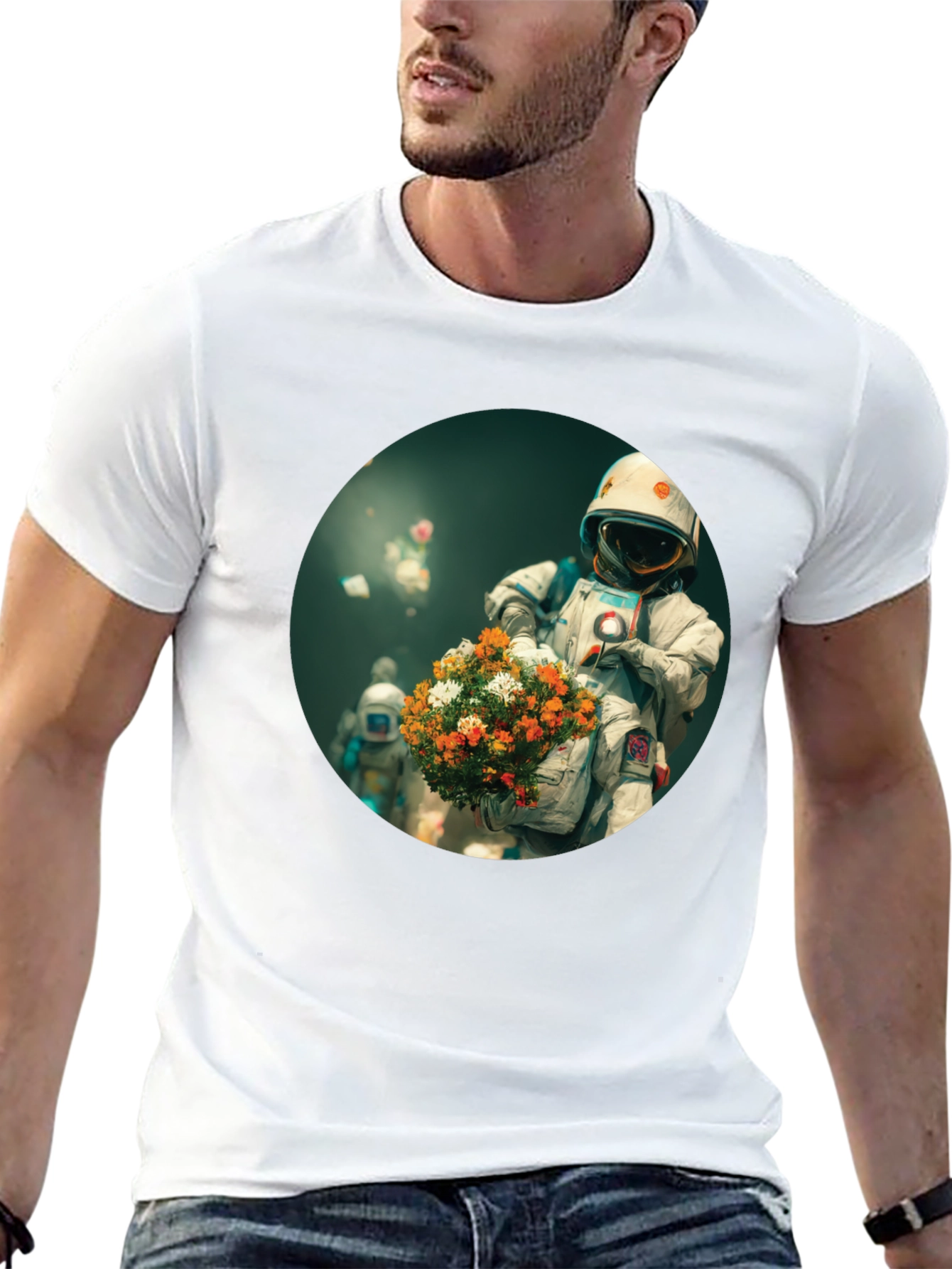 Black Astronaut with Flowers Graphic Tee - Black view 13