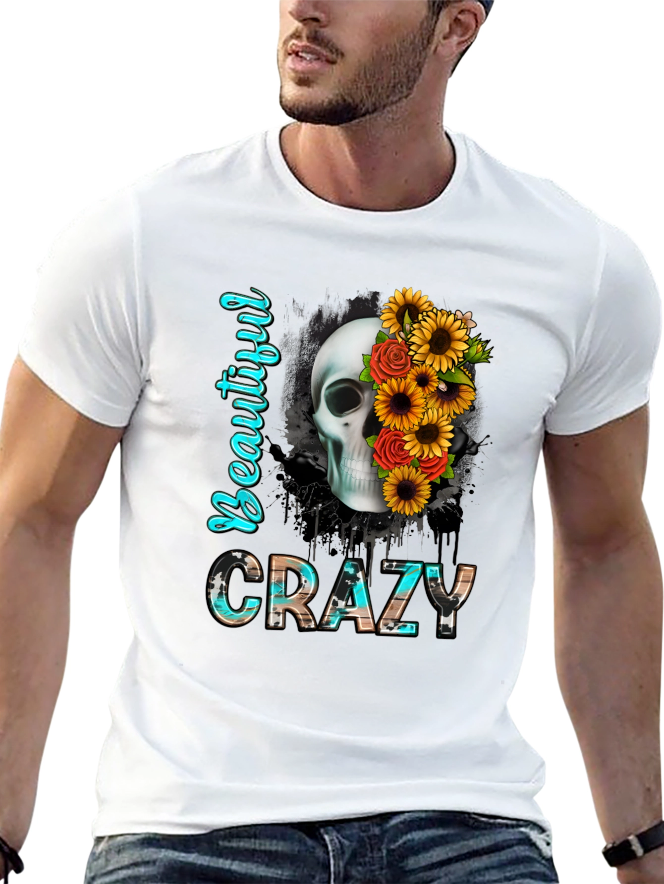 Black Beautiful Crazy Skull & Flowers Graphic Tee view 13