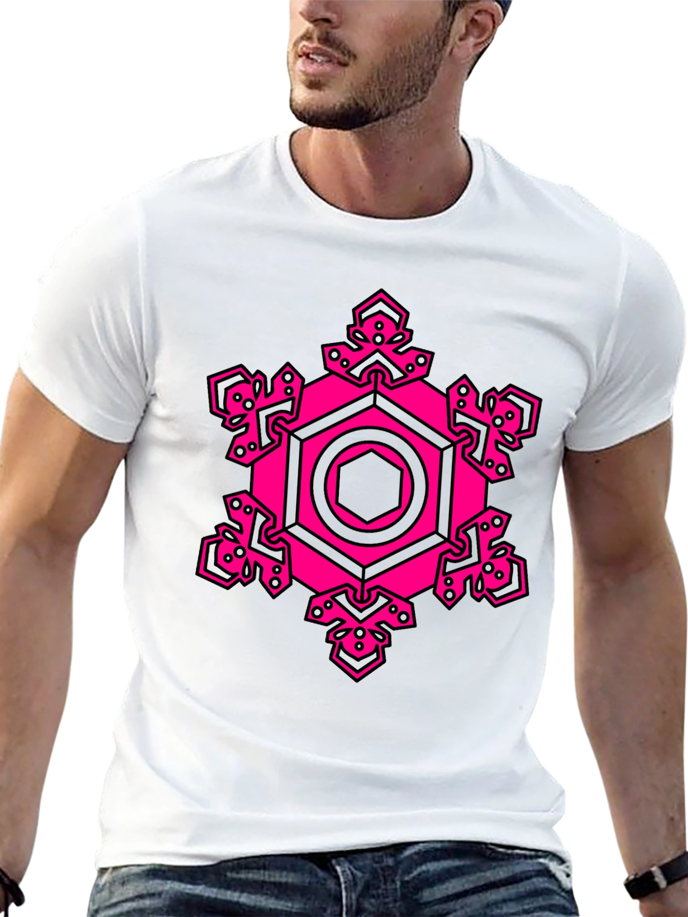 Black Geometric Pink Hexagon Graphic T-Shirt view 13