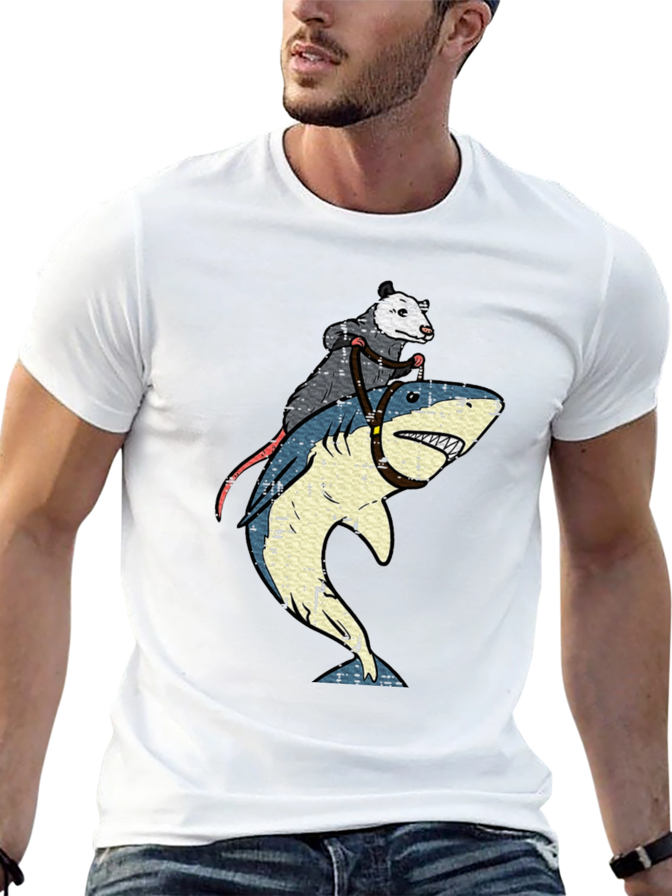 Black Opossum Riding Shark Graphic T-Shirt view 13