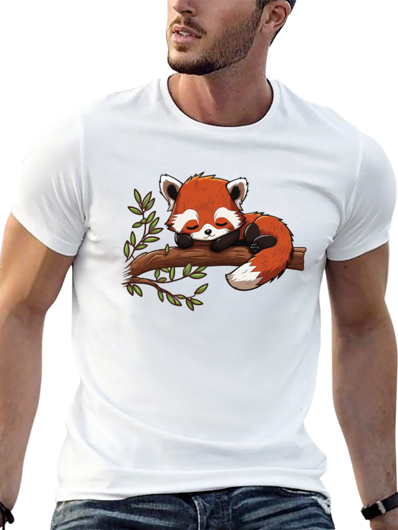 Black Cute Red Panda Napping on Branch Graphic Tee view 13