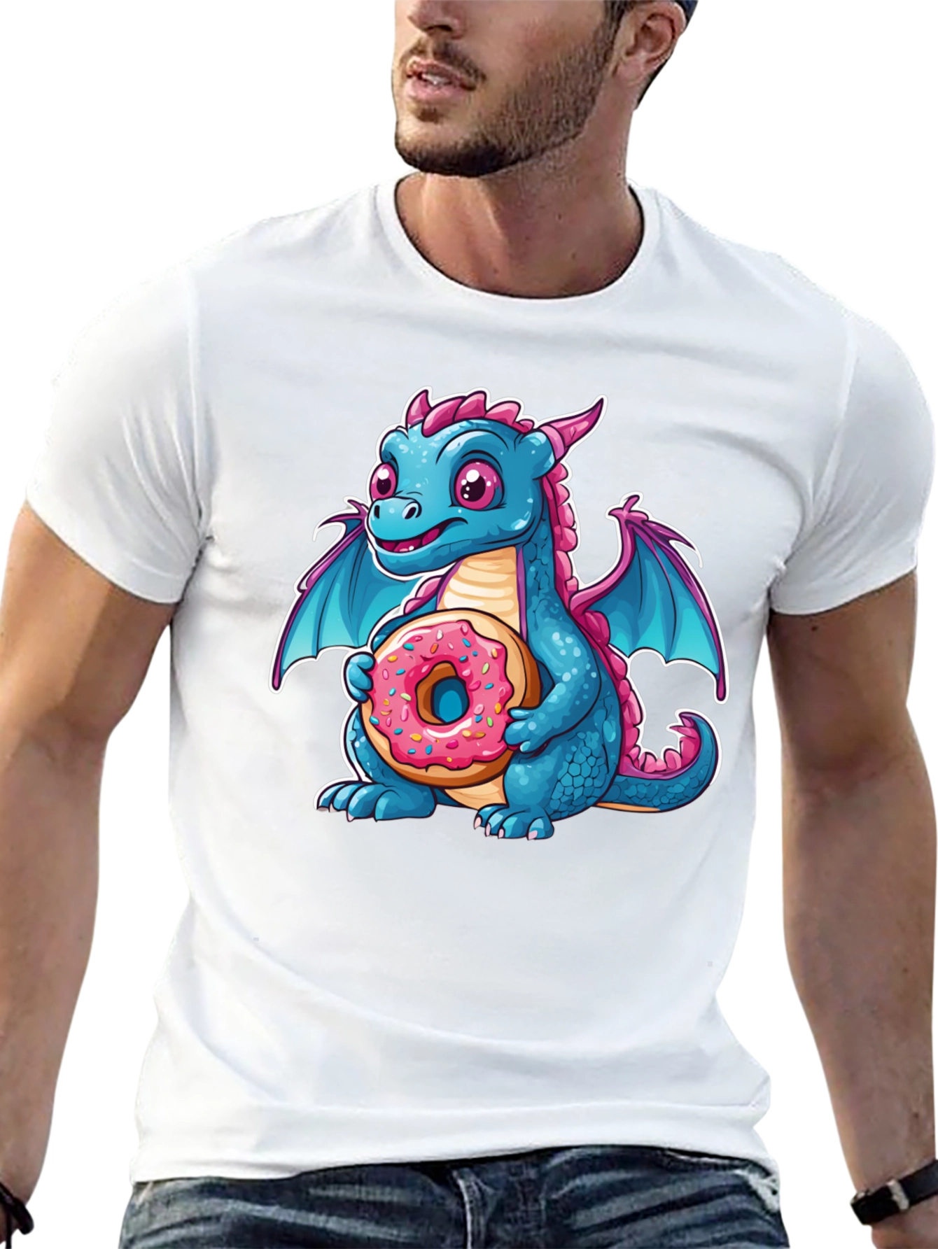Black Cute Dragon Donut T-Shirt - Cartoon Graphic Tee view 13