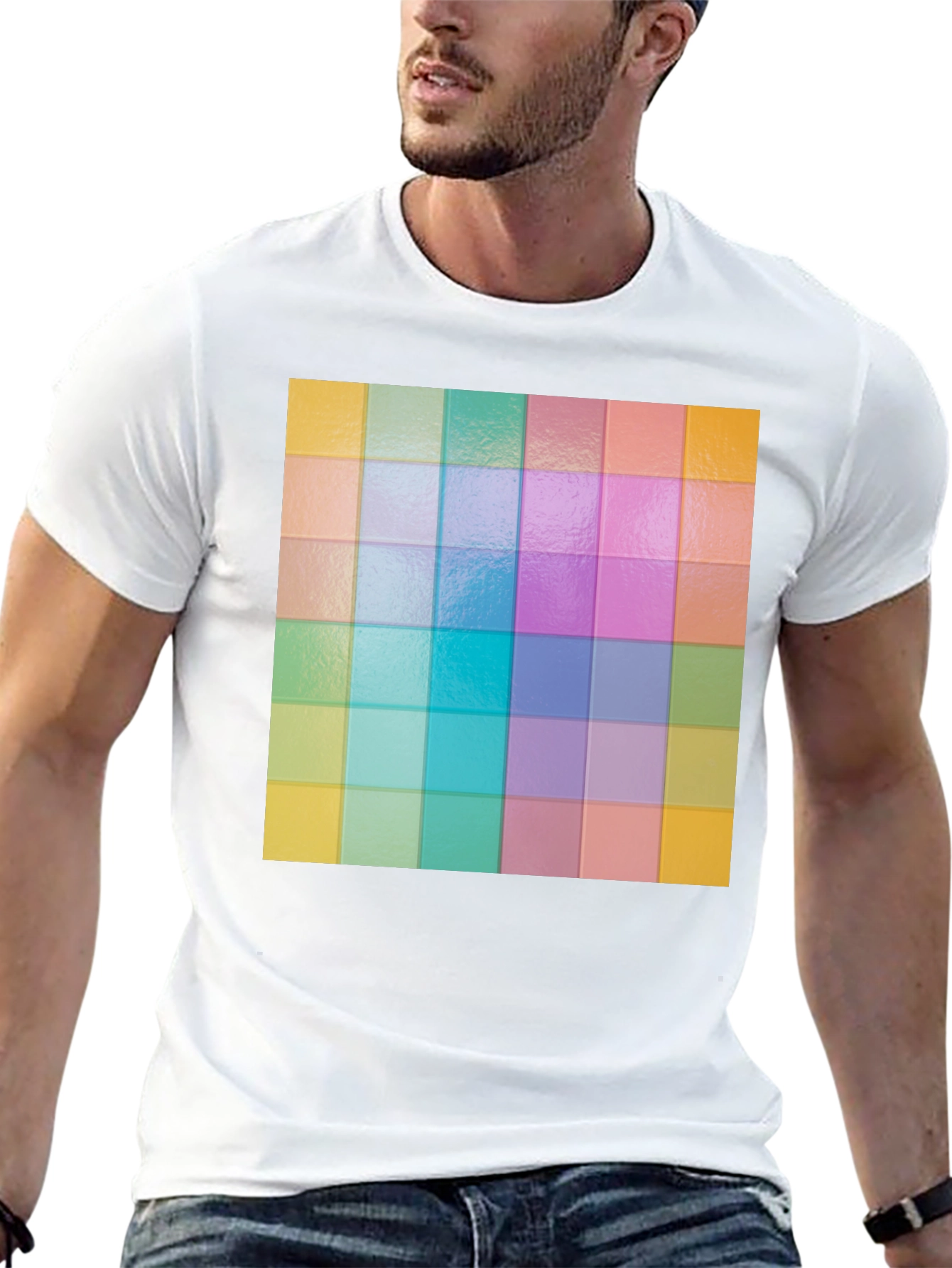 Black Colorful Grid Pattern Graphic Tee - Stylish Casual Wear view 13