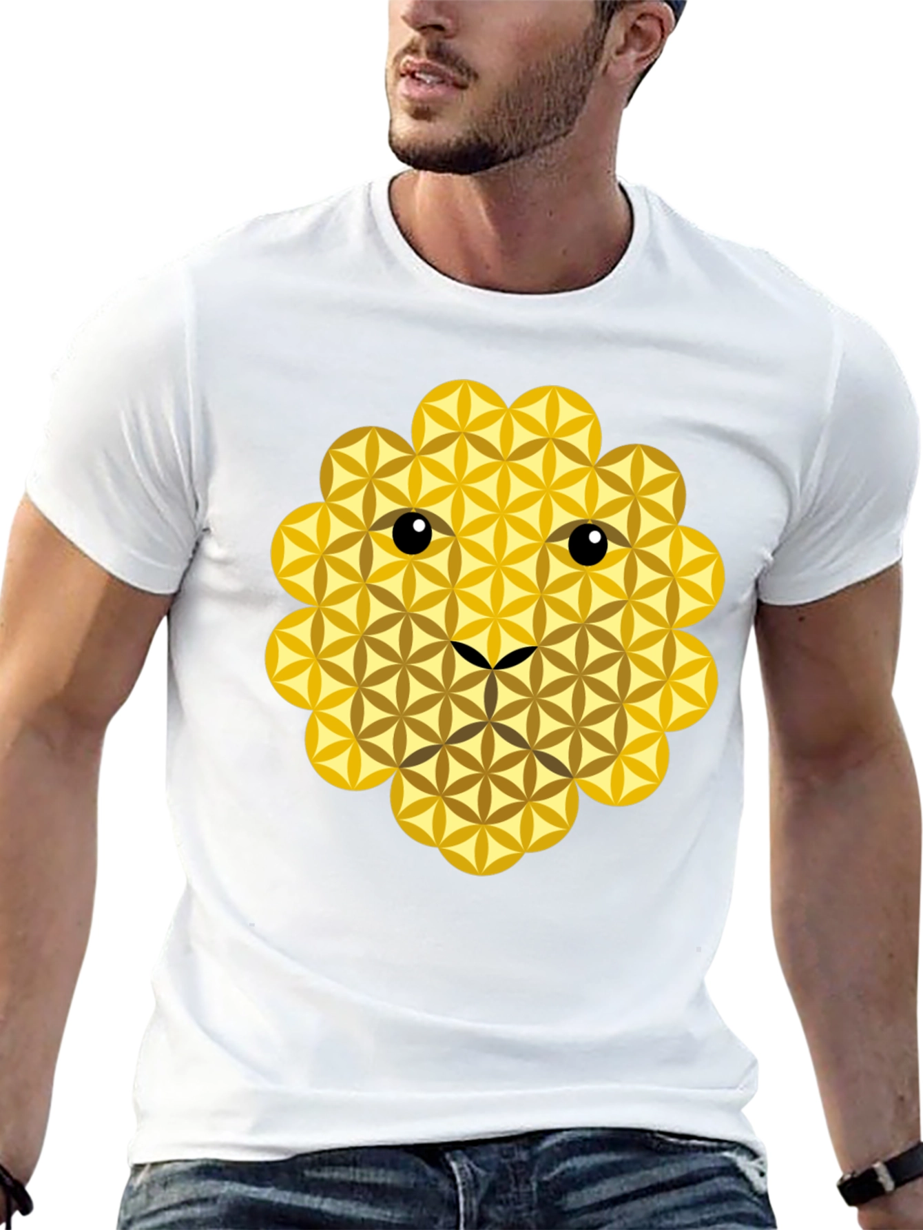Black Geometric Flower of Life Lion Face Black T-Shirt view 13
