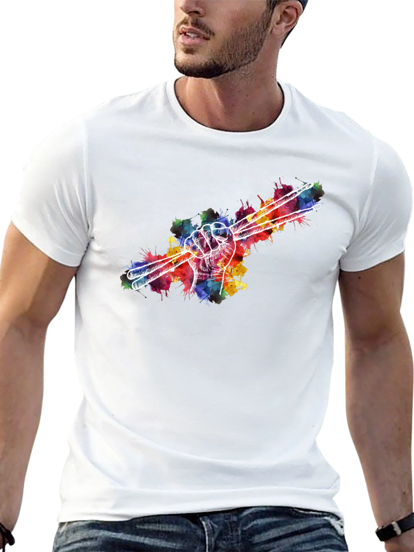 Black Drummer Hand Drumsticks Colorful T-Shirt view 13