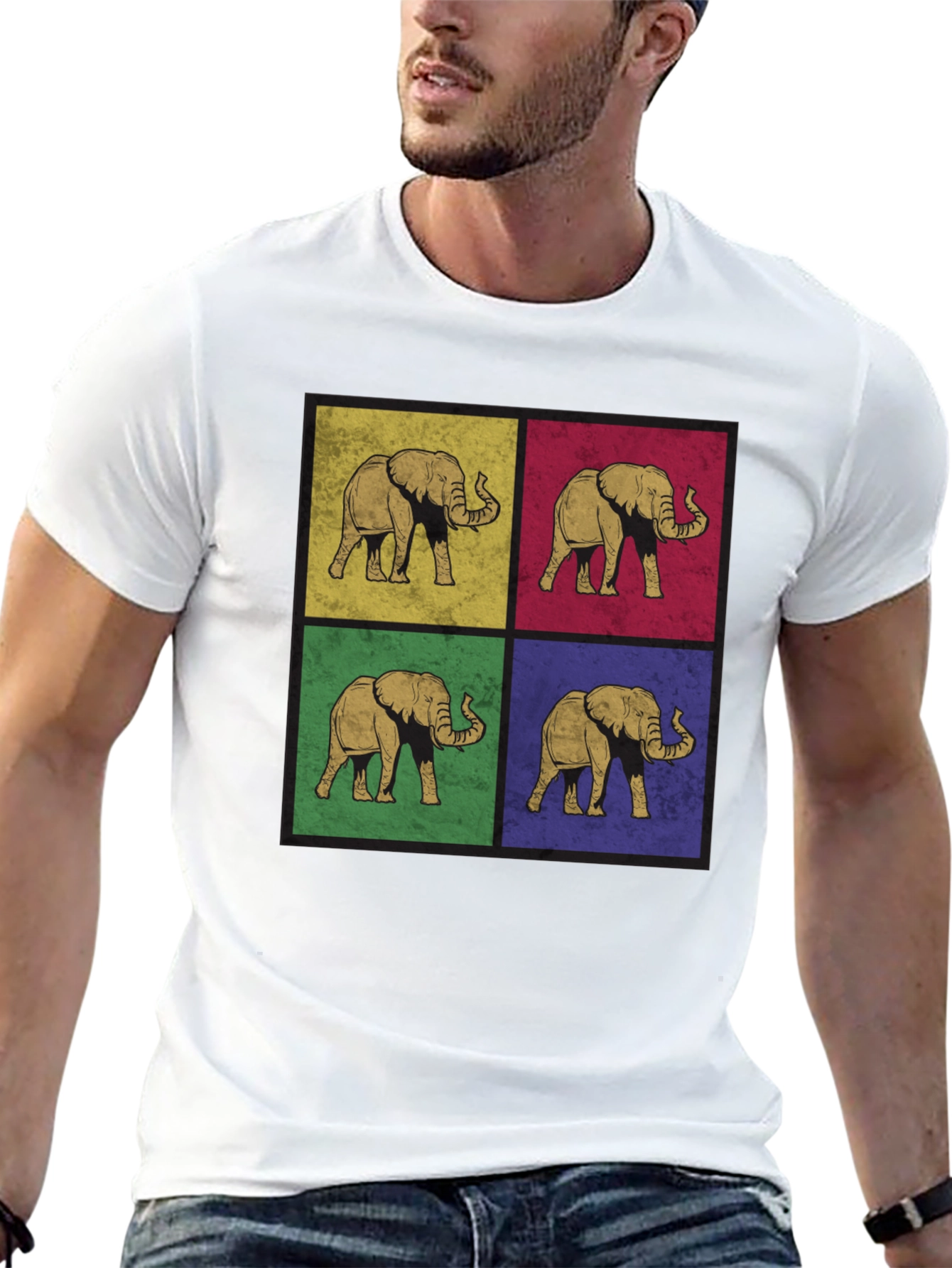 Black Retro Elephant Pop Art Print T-Shirt - Black view 13