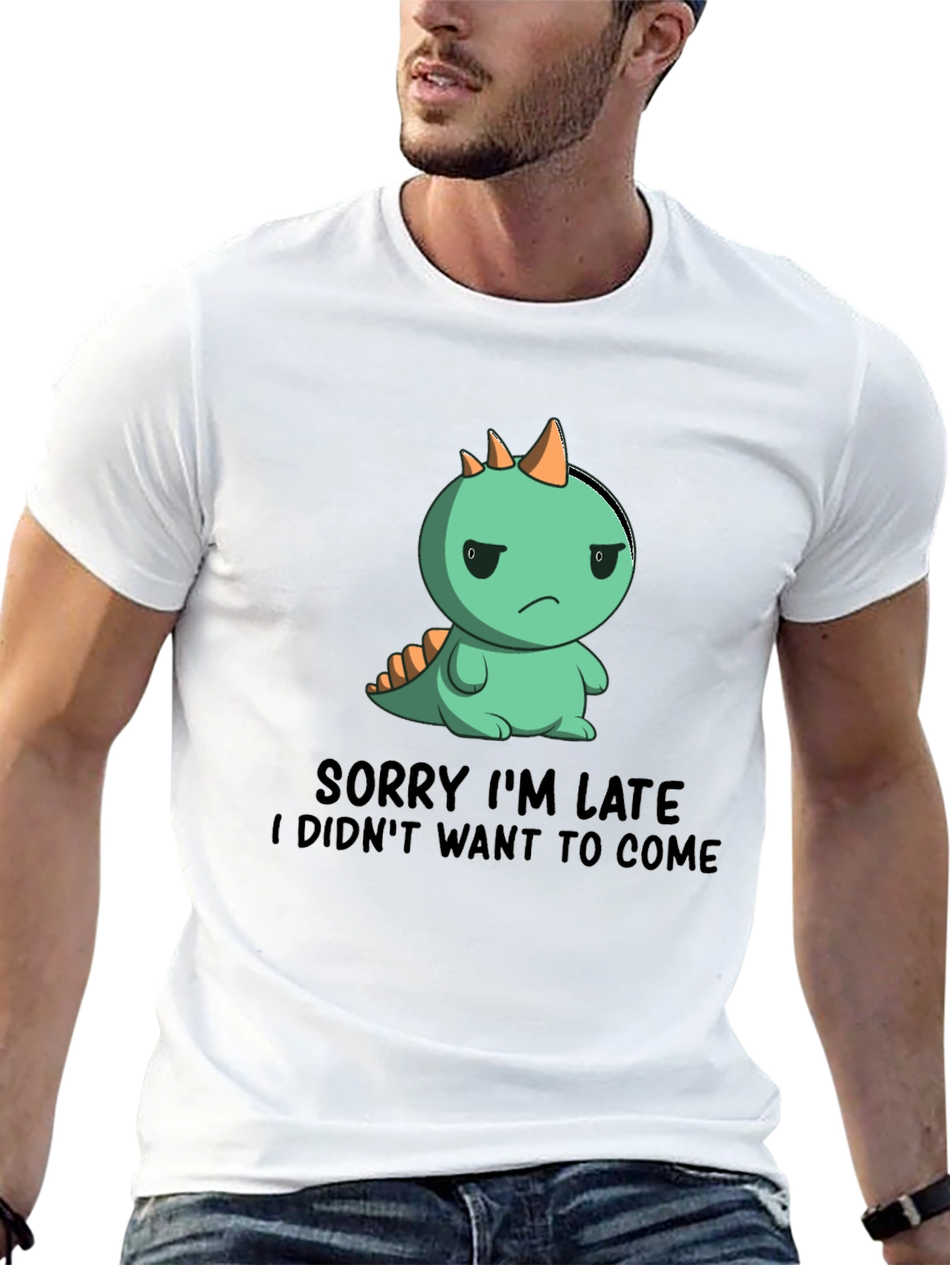 Black Funny Dinosaur Sorry I'm Late Graphic T-Shirt view 13