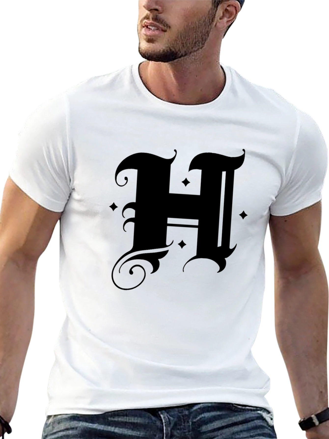 Black Gothic Initial "H" Black T-Shirt view 13