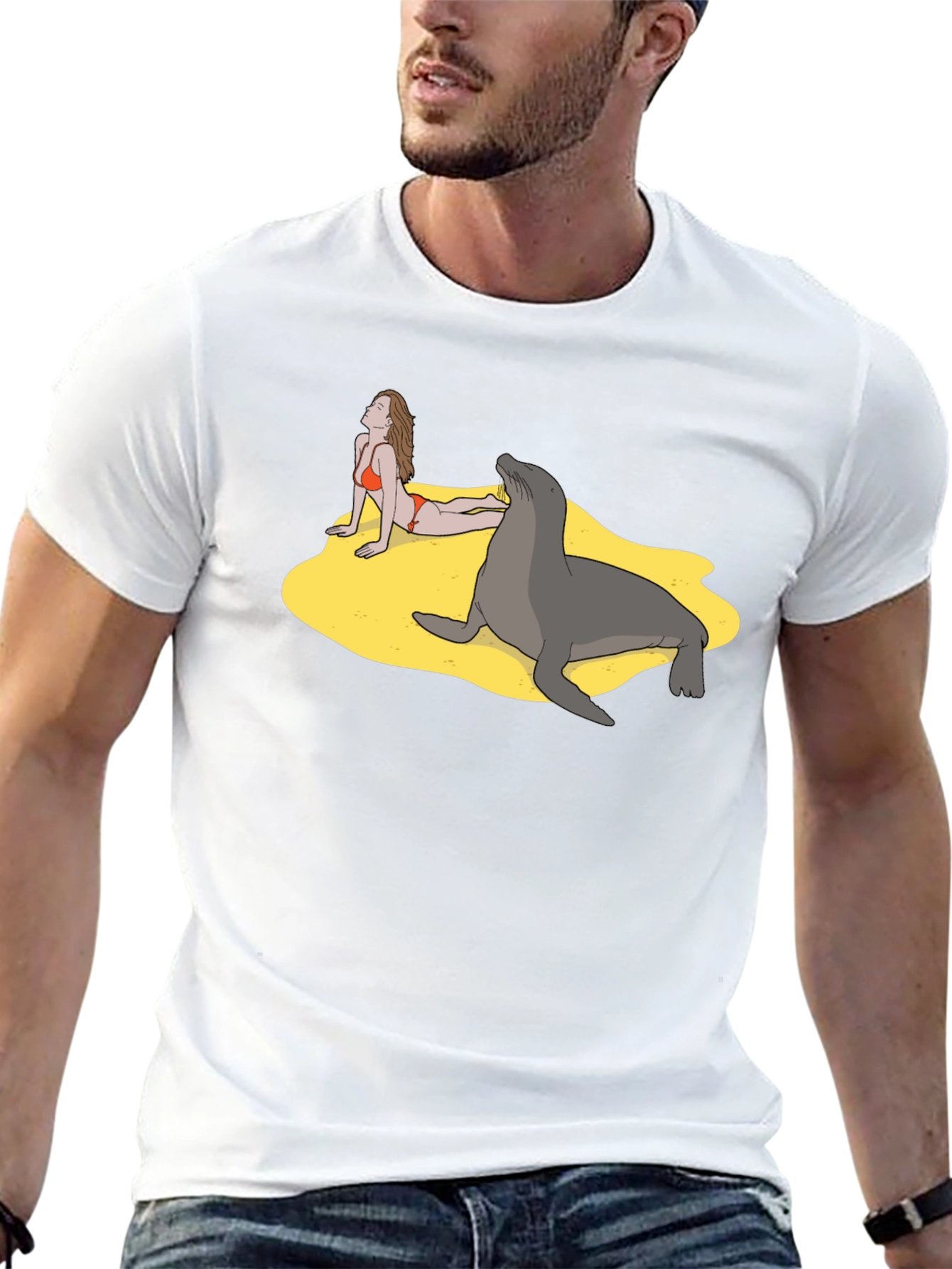 Black Funny Beach T-Shirt with Woman and Seal view 13