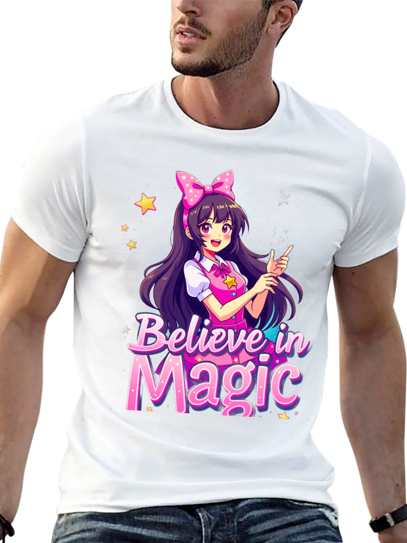 Black Believe in Magic Anime Girl Graphic T-Shirt view 13
