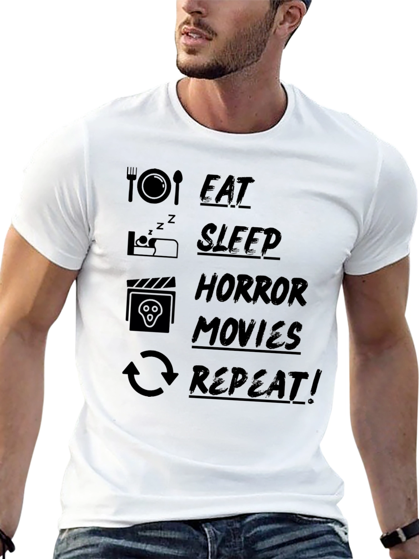 Black Eat Sleep Horror Movies Repeat Black T-Shirt view 13