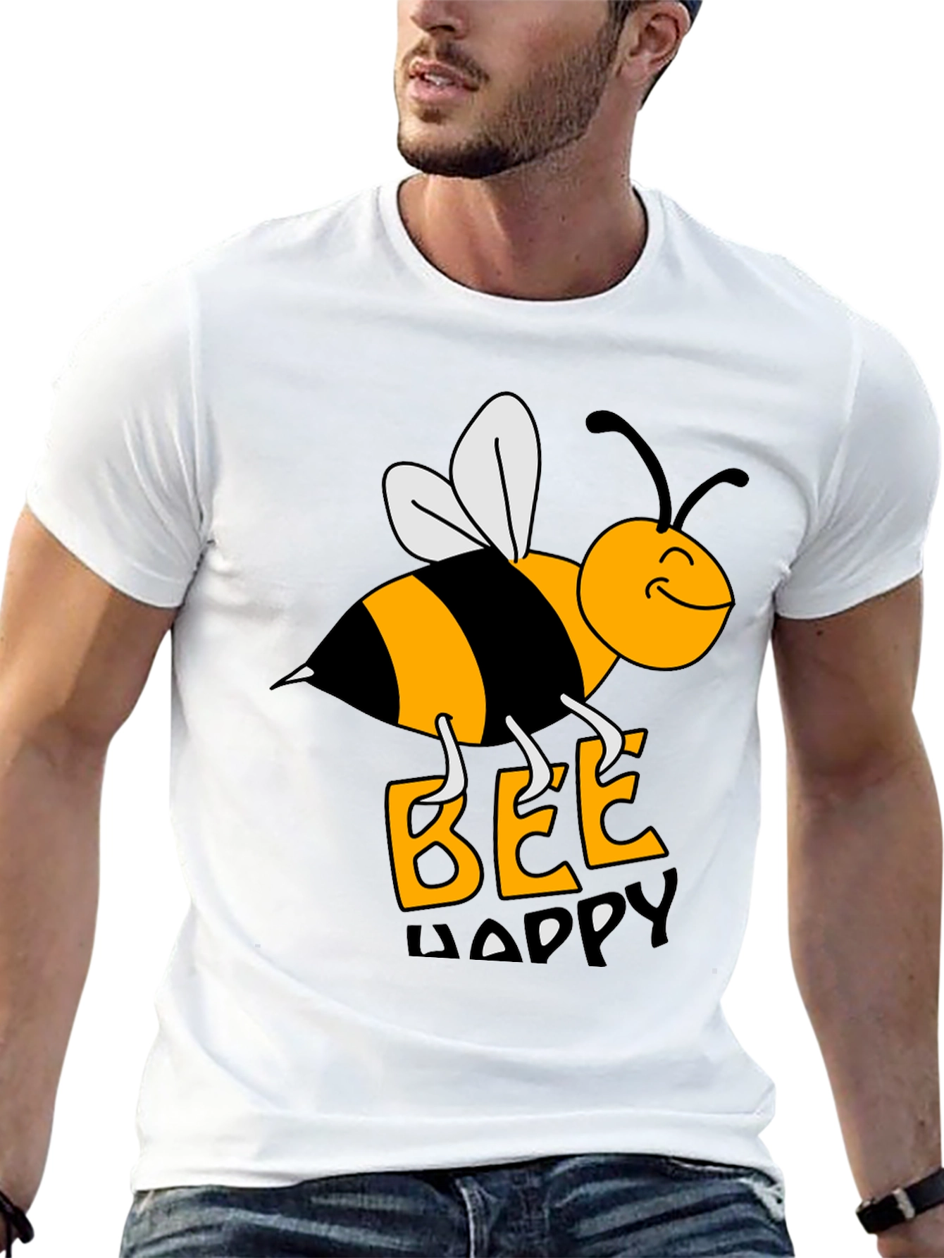 Black Bee Happy Graphic Tee - Black Cotton T-Shirt view 13