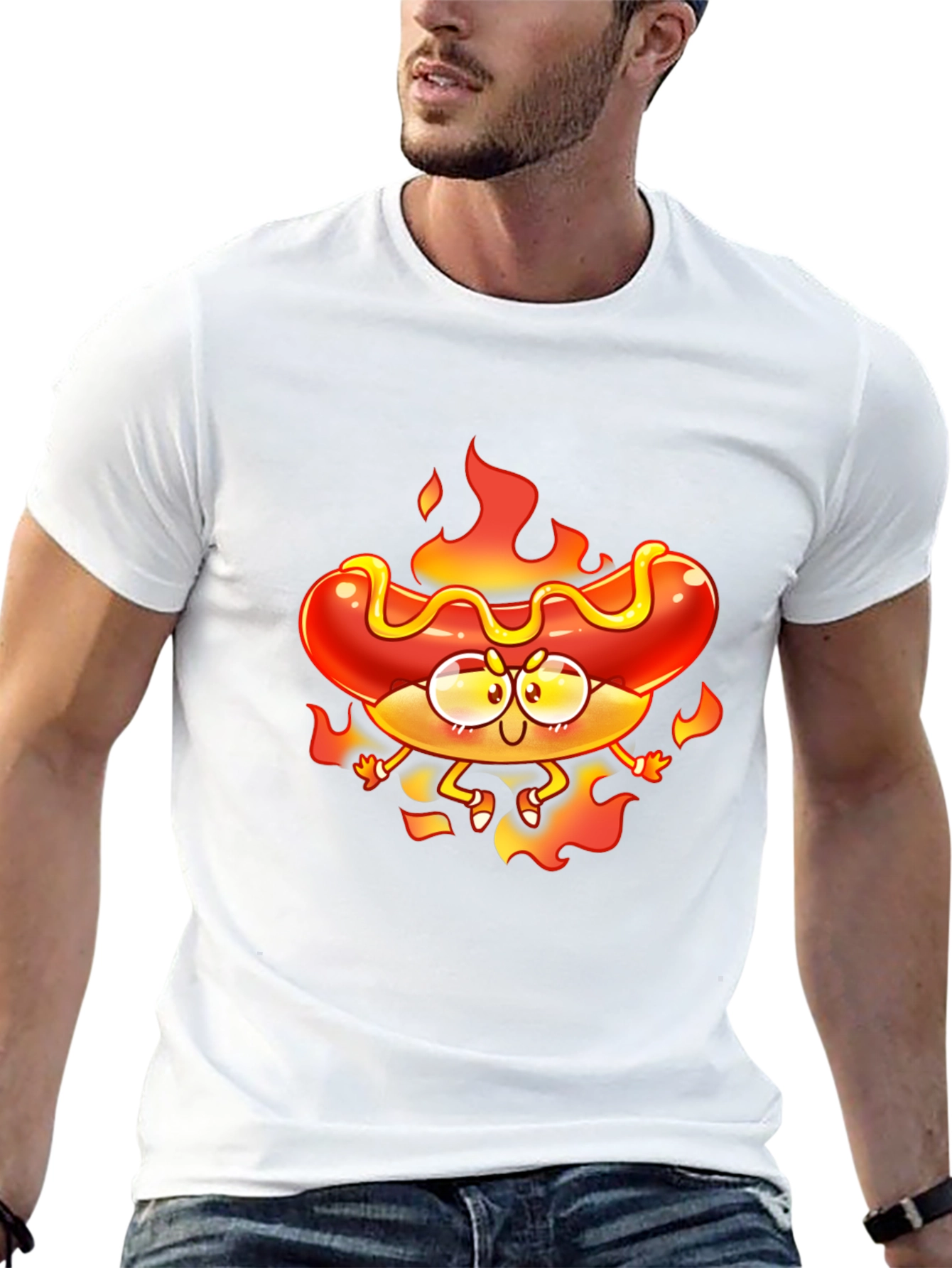 Black Flaming Hotdog Cartoon Graphic T-Shirt view 13