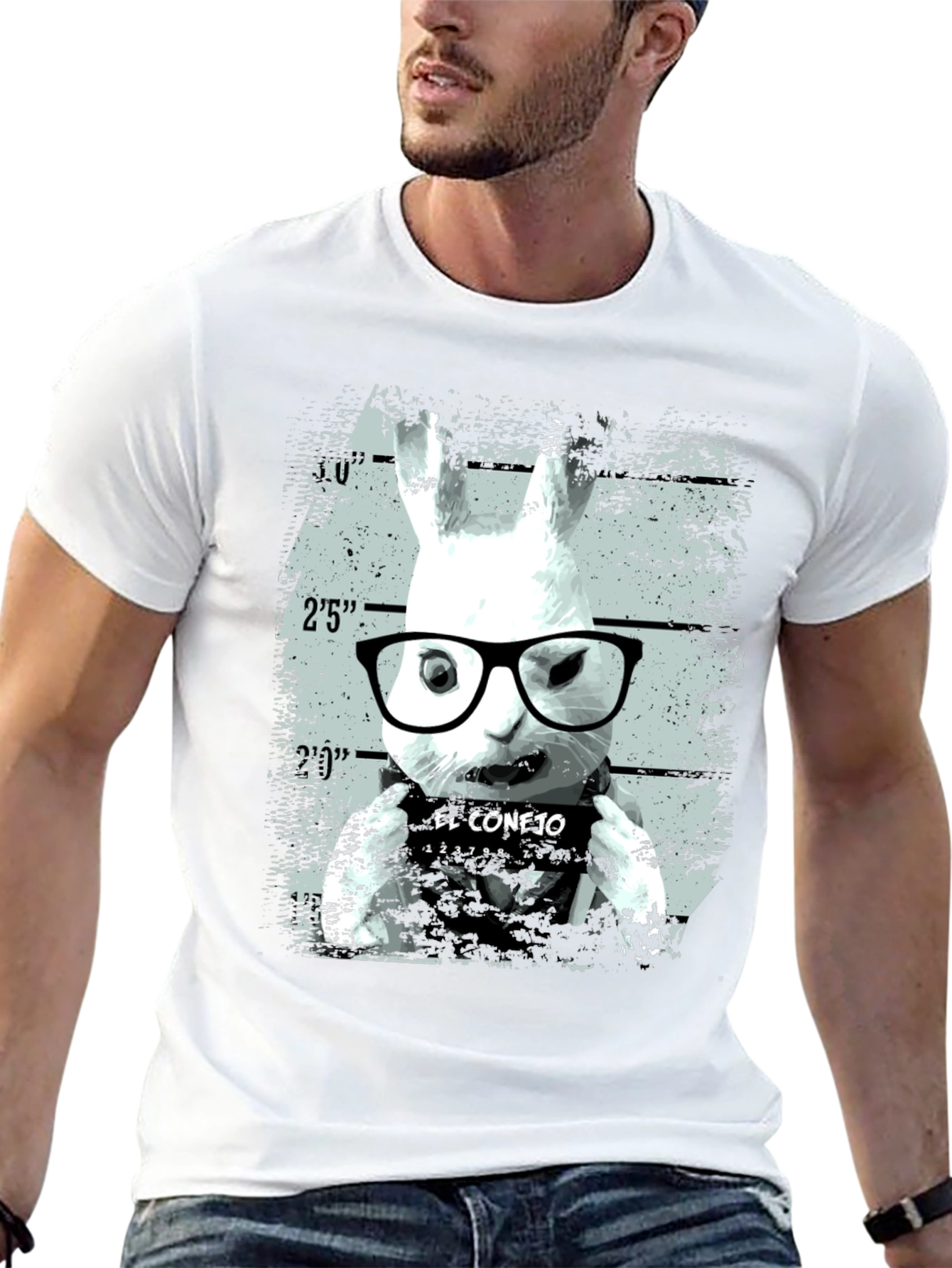 Black Funny Rabbit Mugshot Graphic Tee - Black view 13