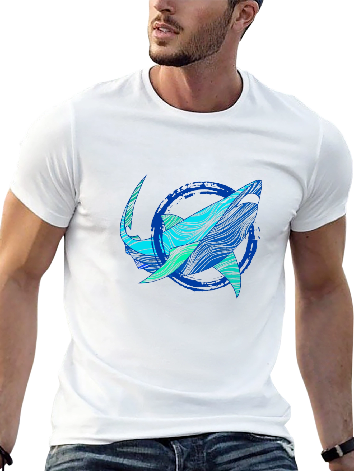 Black Shark Graphic Print Tee - Stylish Blue Wave Design view 13
